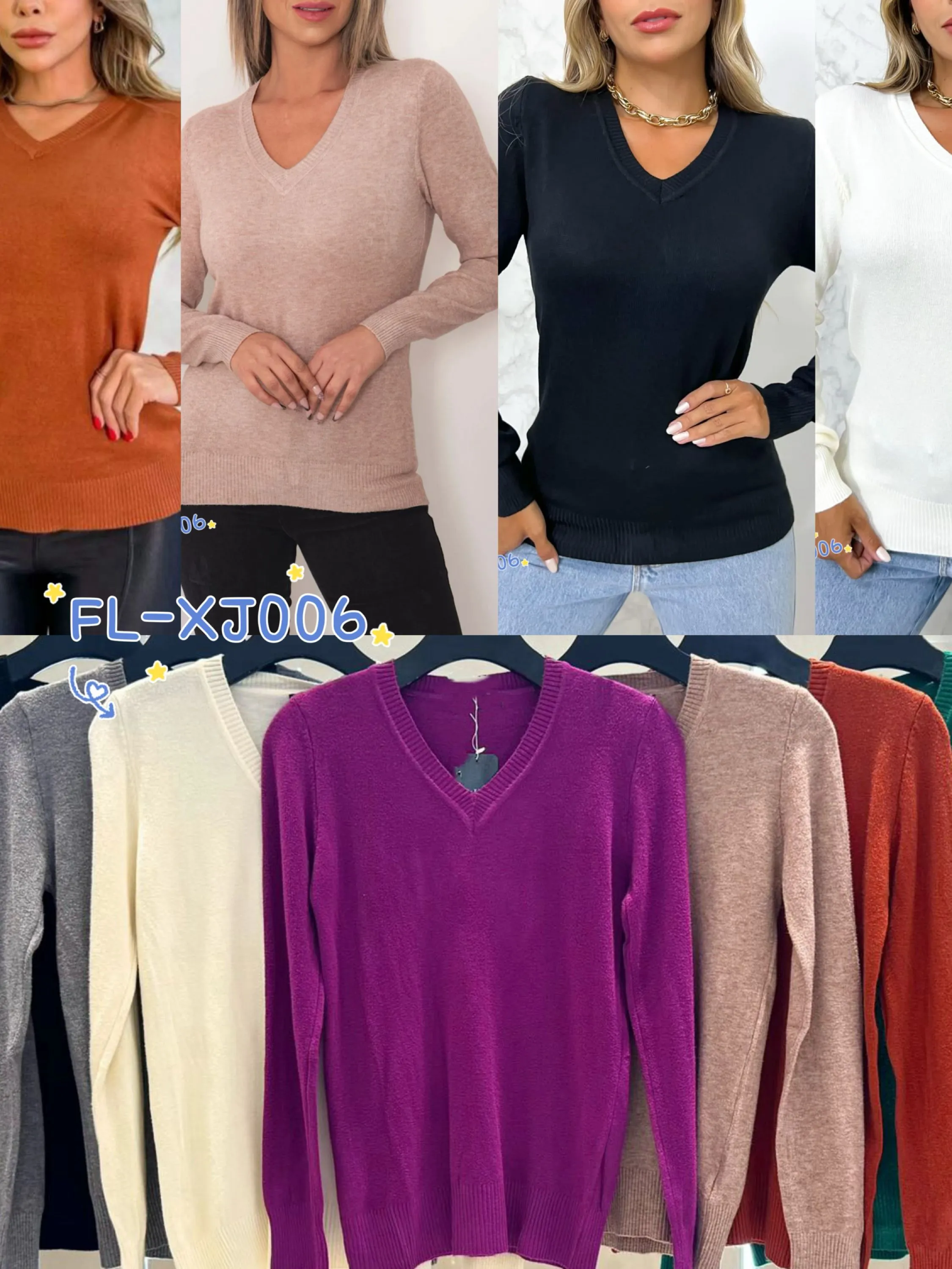 Blusa básica gola V de lãzinha modal importado Flora XJ006