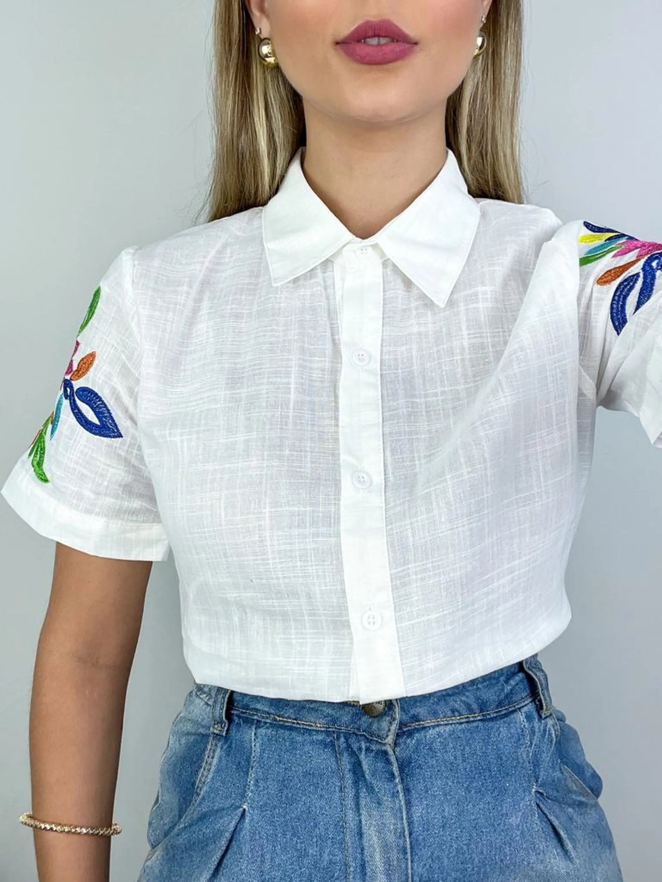 Blusa camisa de linho manga bordado 03148