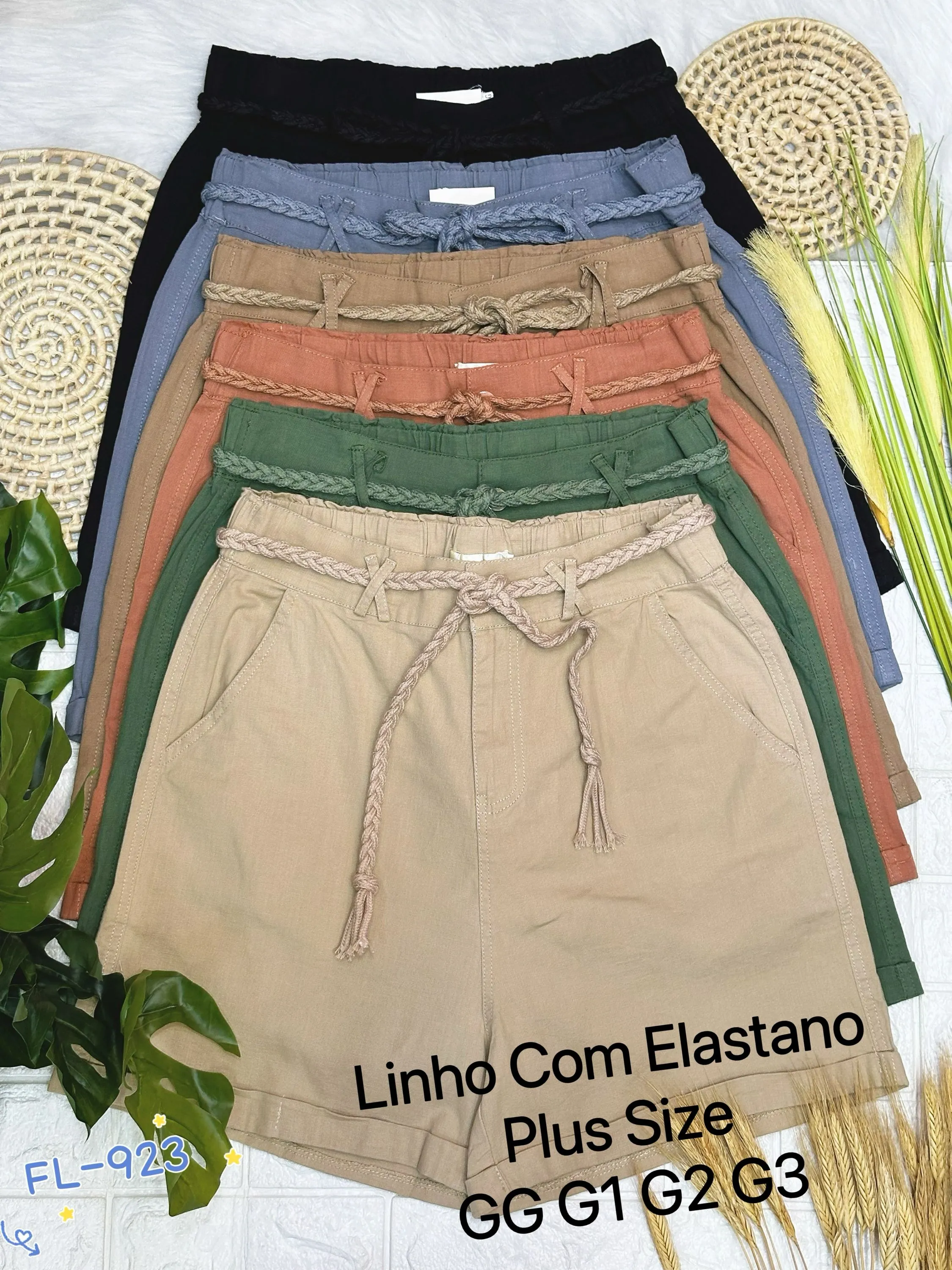 Plus Size short de linho com elastano com cinto importado Flora 923