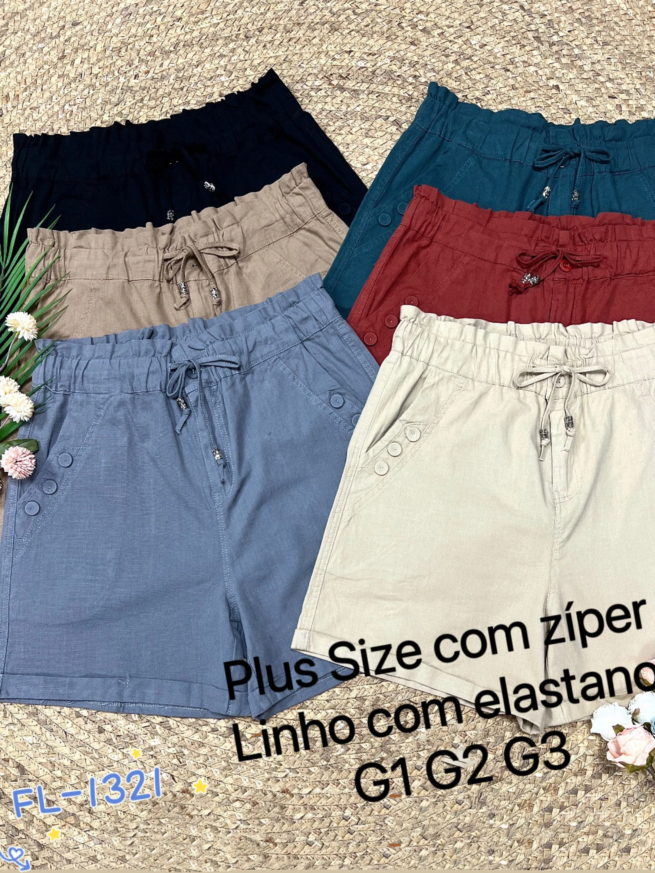 Plus Size short de linho com elastano Flora 1321