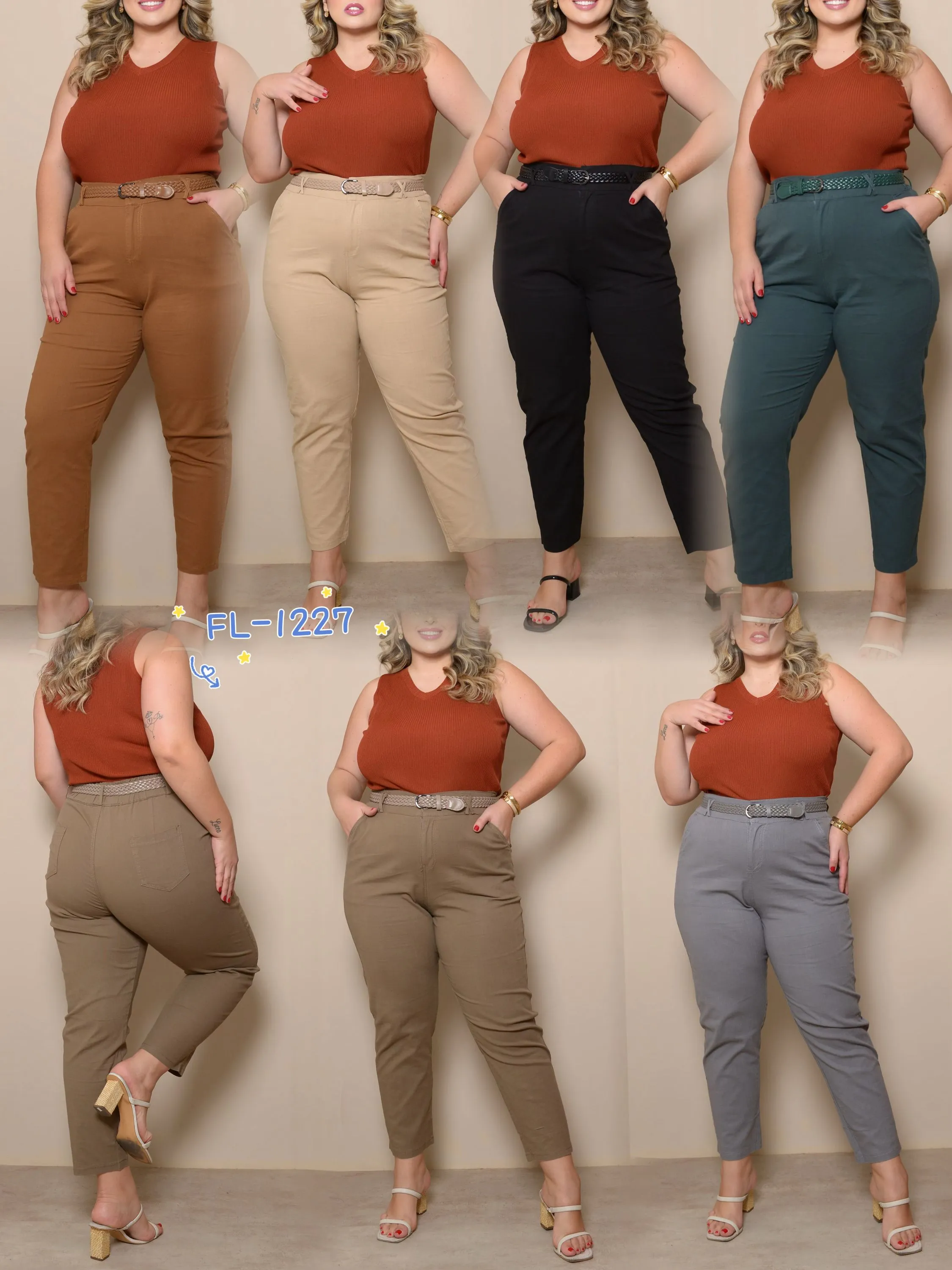 Plus Size calça de linho com elastano com cinto Flora 1227