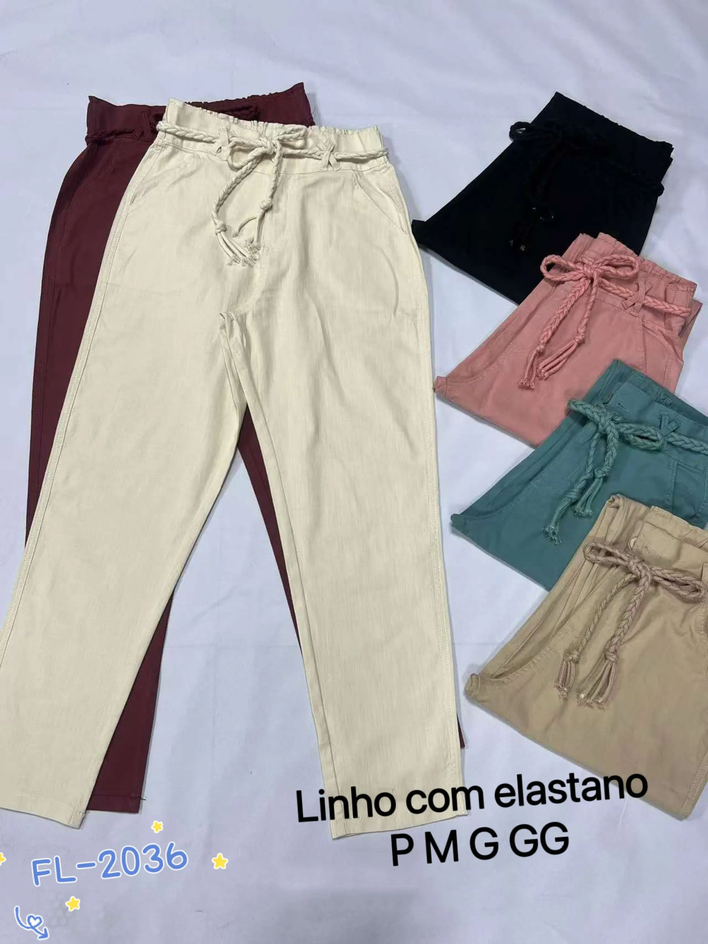 Calça de linho com elastano com cinto importado Flora 2036