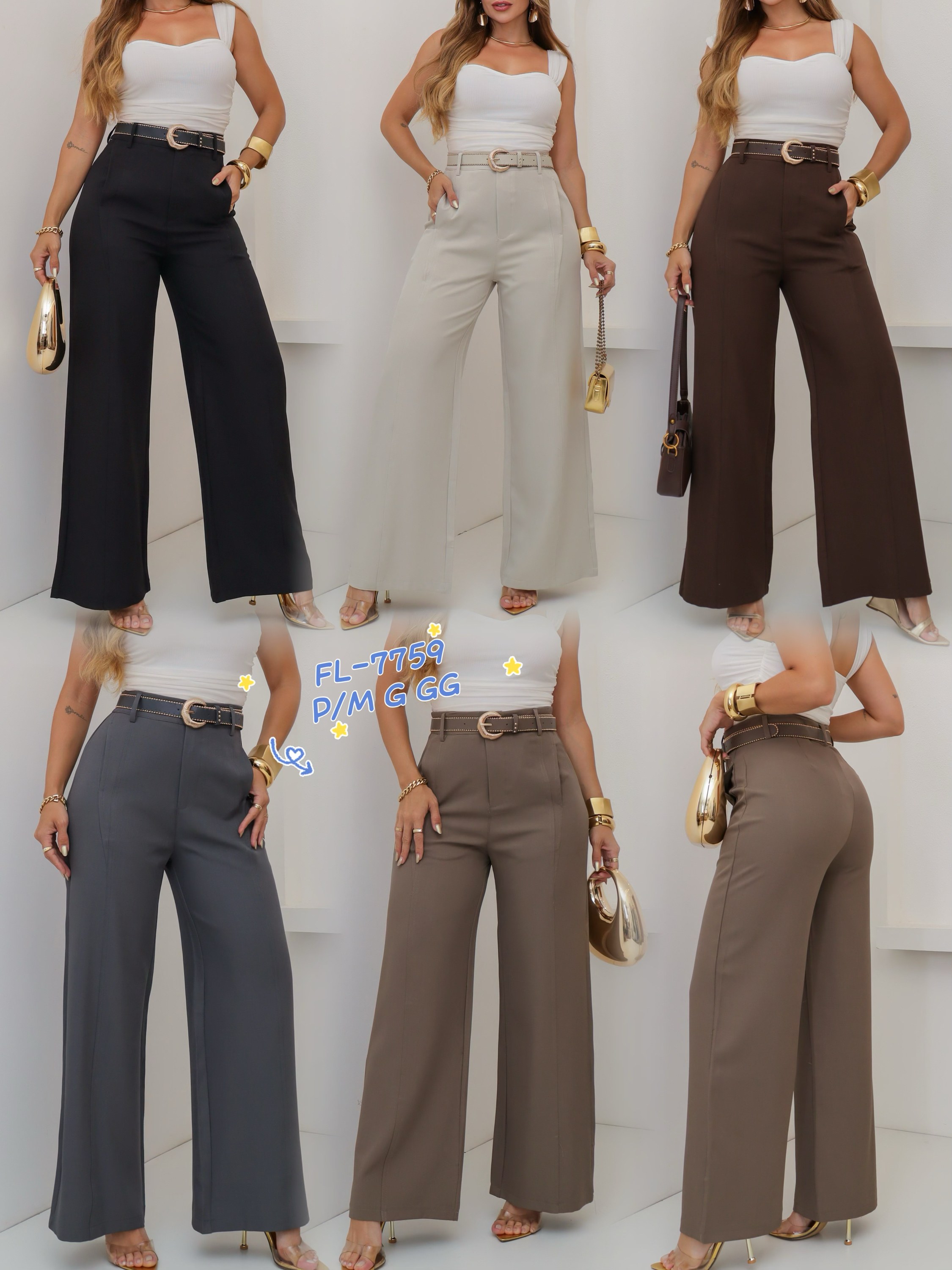 Calça pantalona de alfaiataria com cinto importado 7759