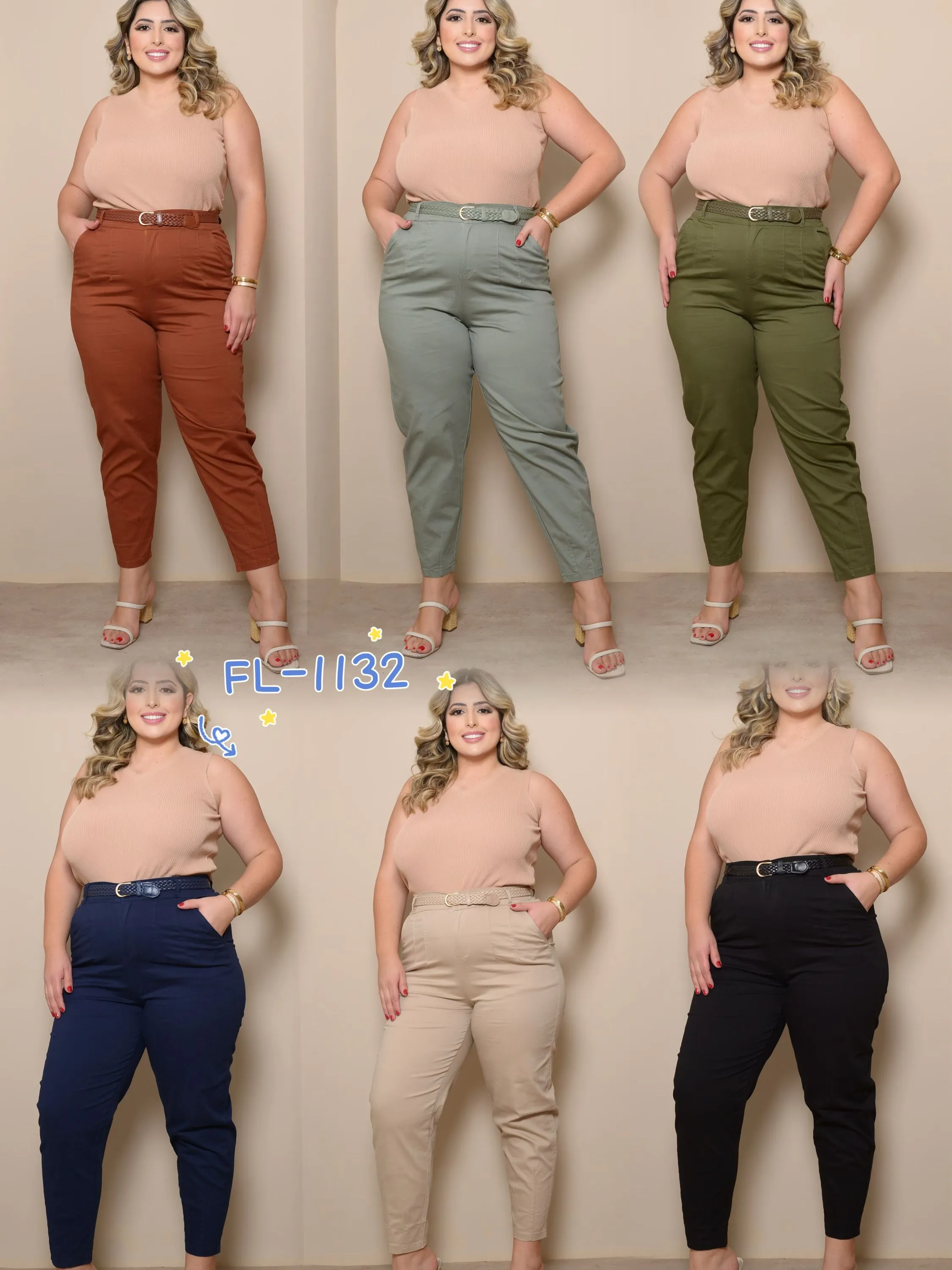 Plus Size calça de sarja com elastano com cinto 1132