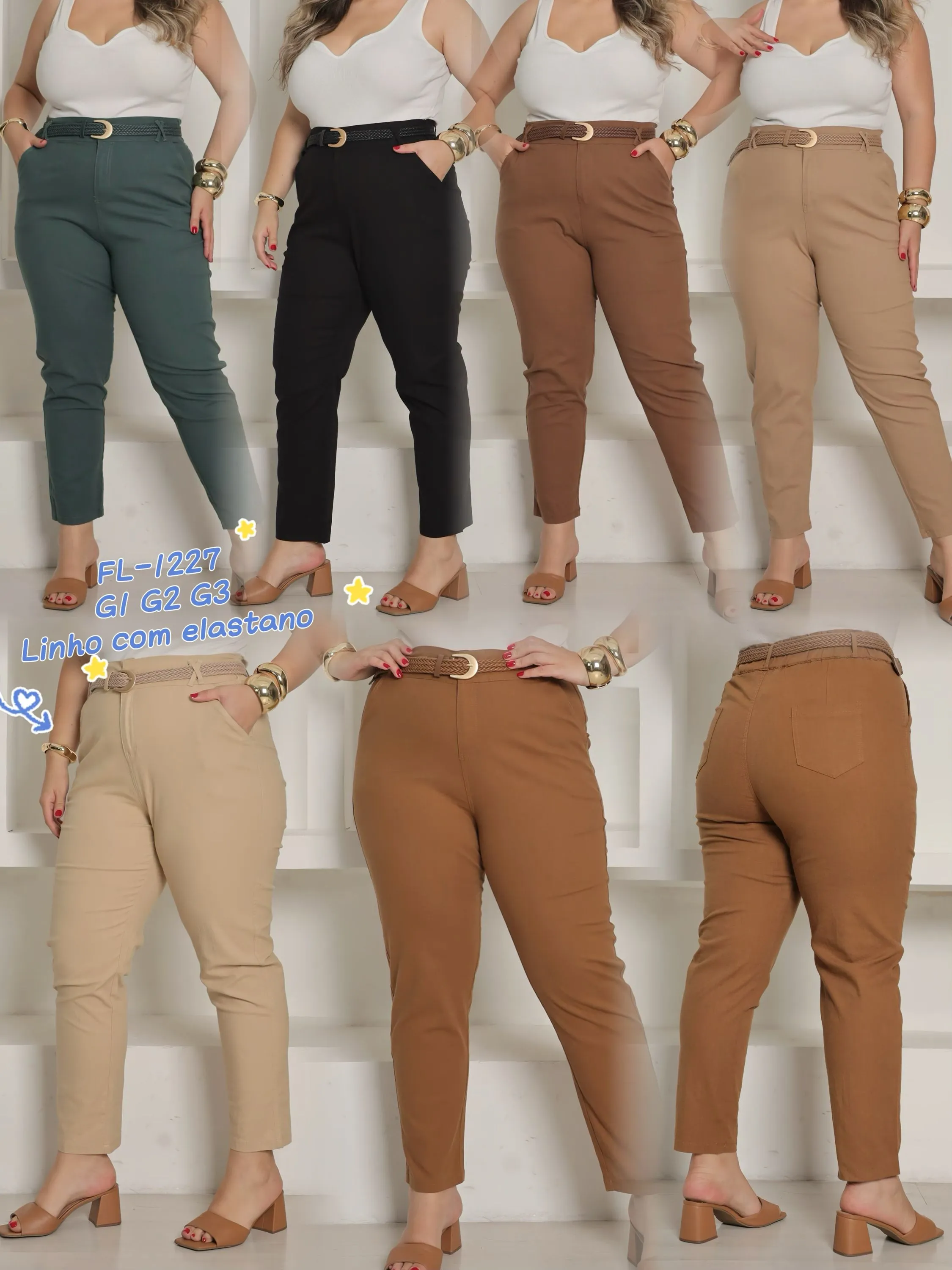 Plus Size calça de linho com elastano com cinto 1227