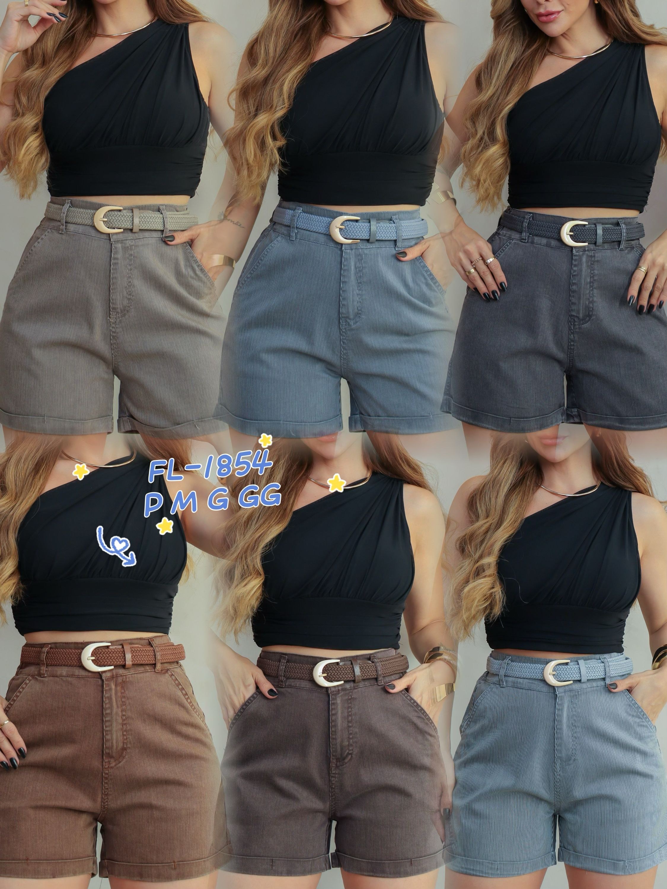 Short de sarja com elastano de listra com cinto 1854