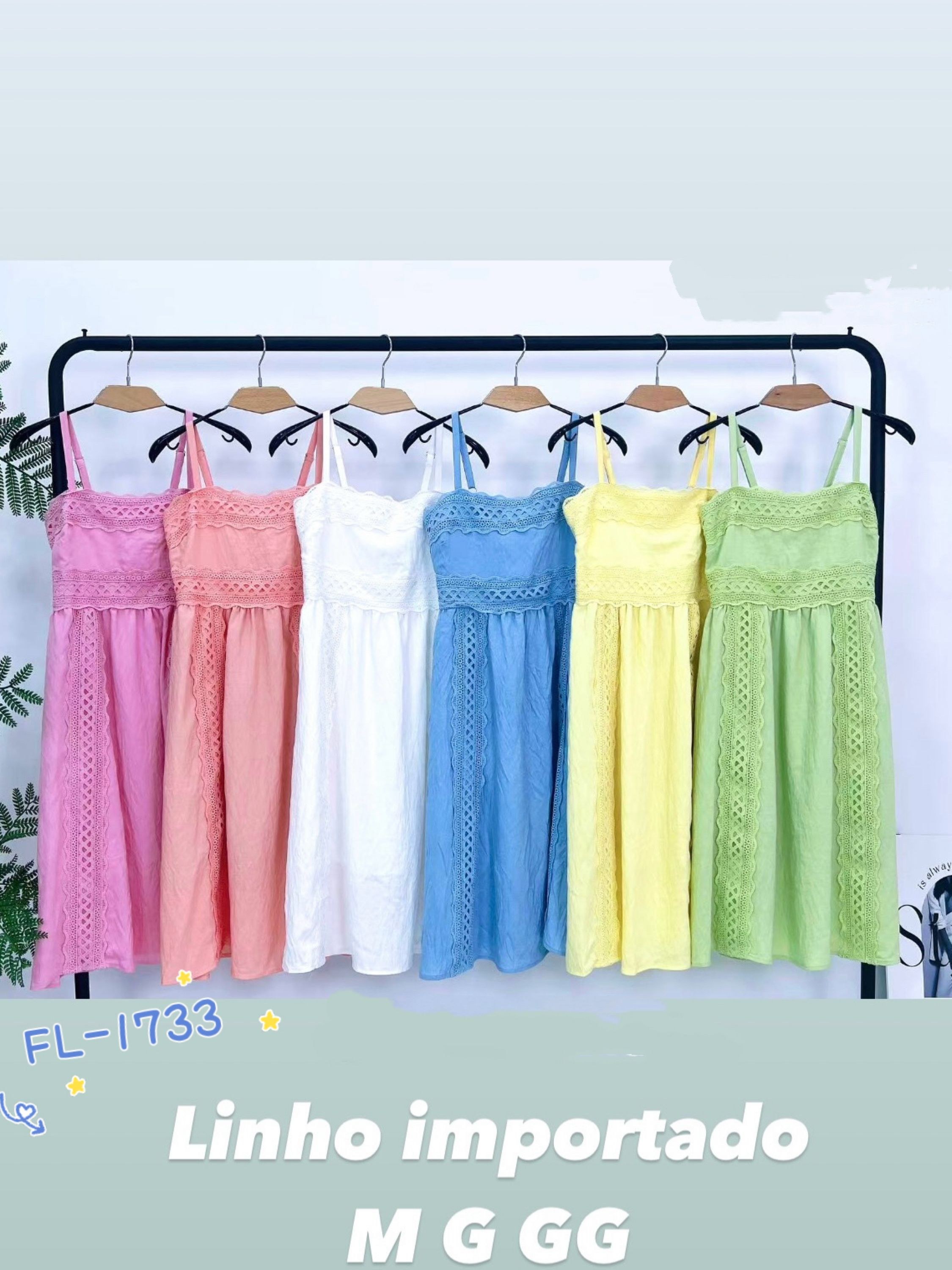 Vestido curto de linho forrado importado Flora 1733