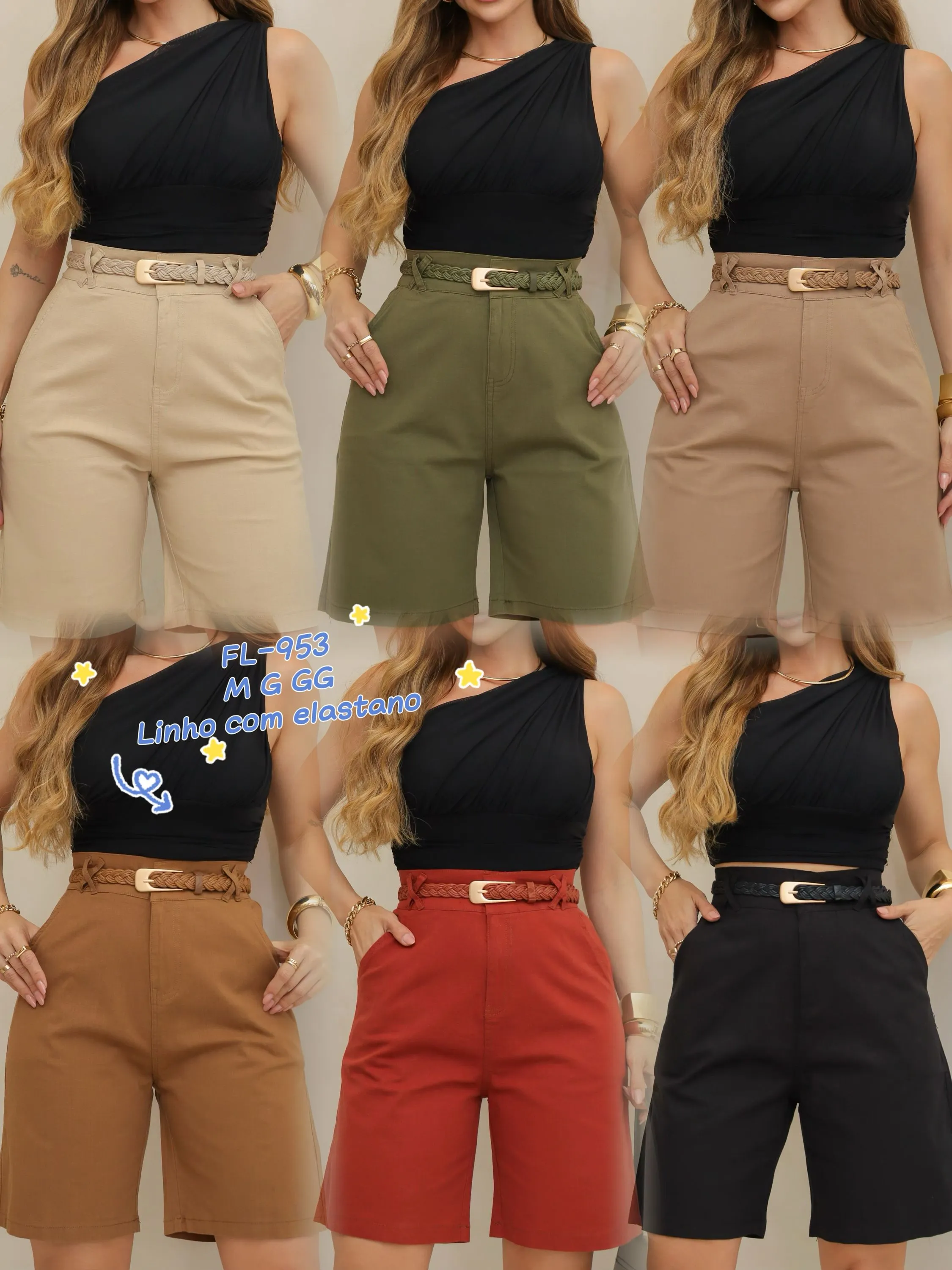 Short Bermuda de linho com elastano com cinto 953