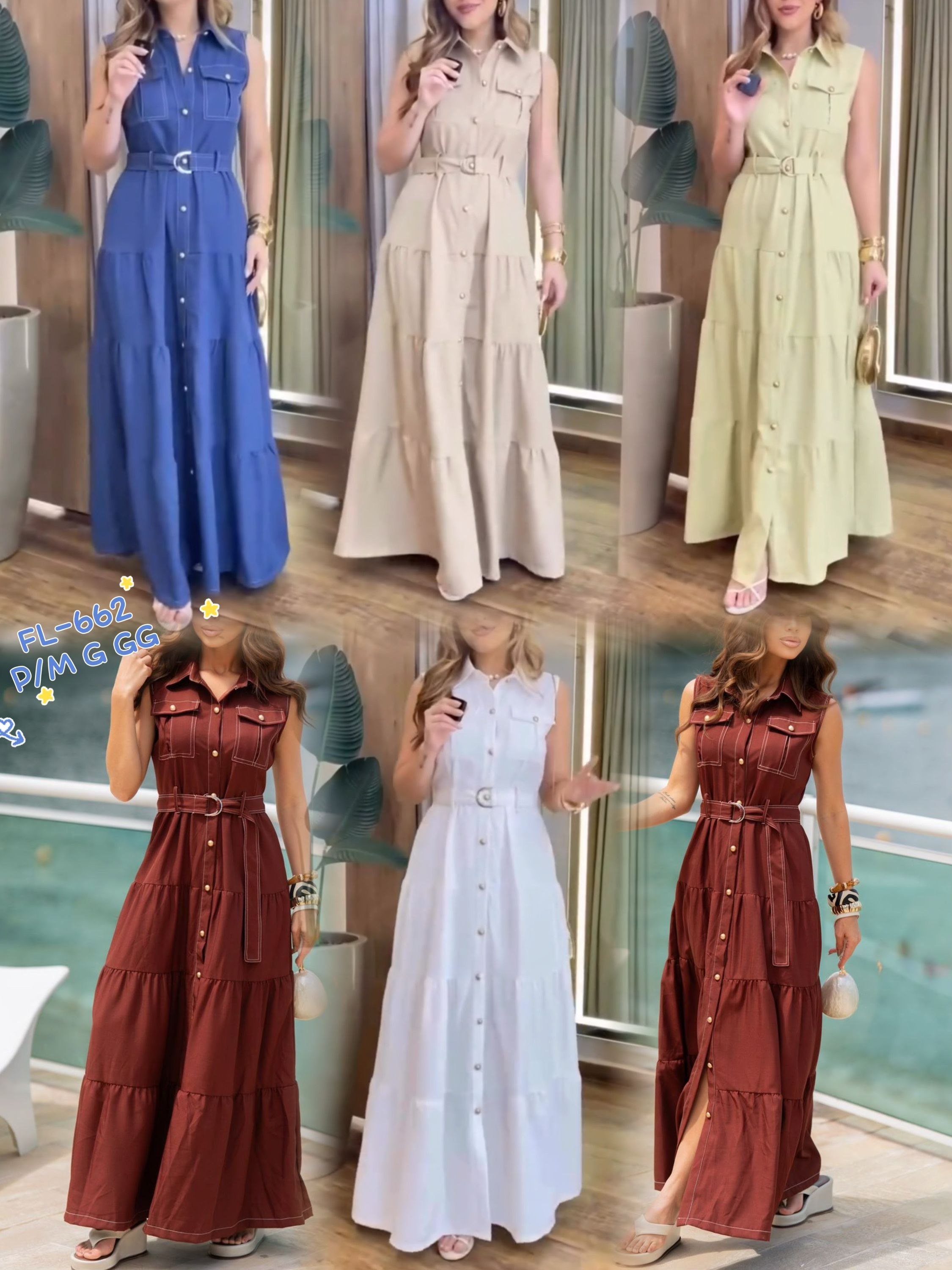 Vestido longo com botões importado Flora 662