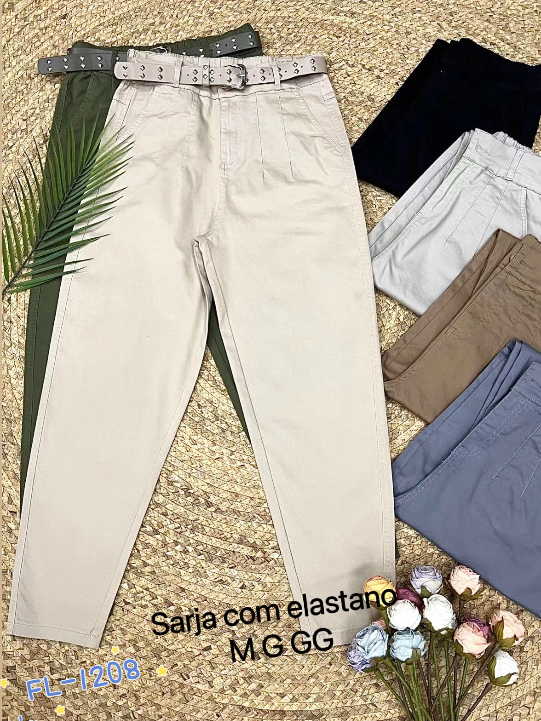 Calça de sarja com elastano com cinto Flora 1208