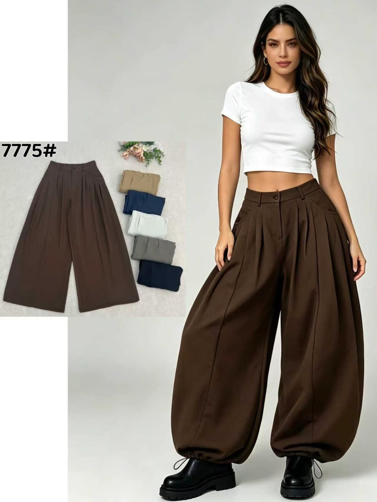 Calça wide leg cintura alta pregas com punho 7775