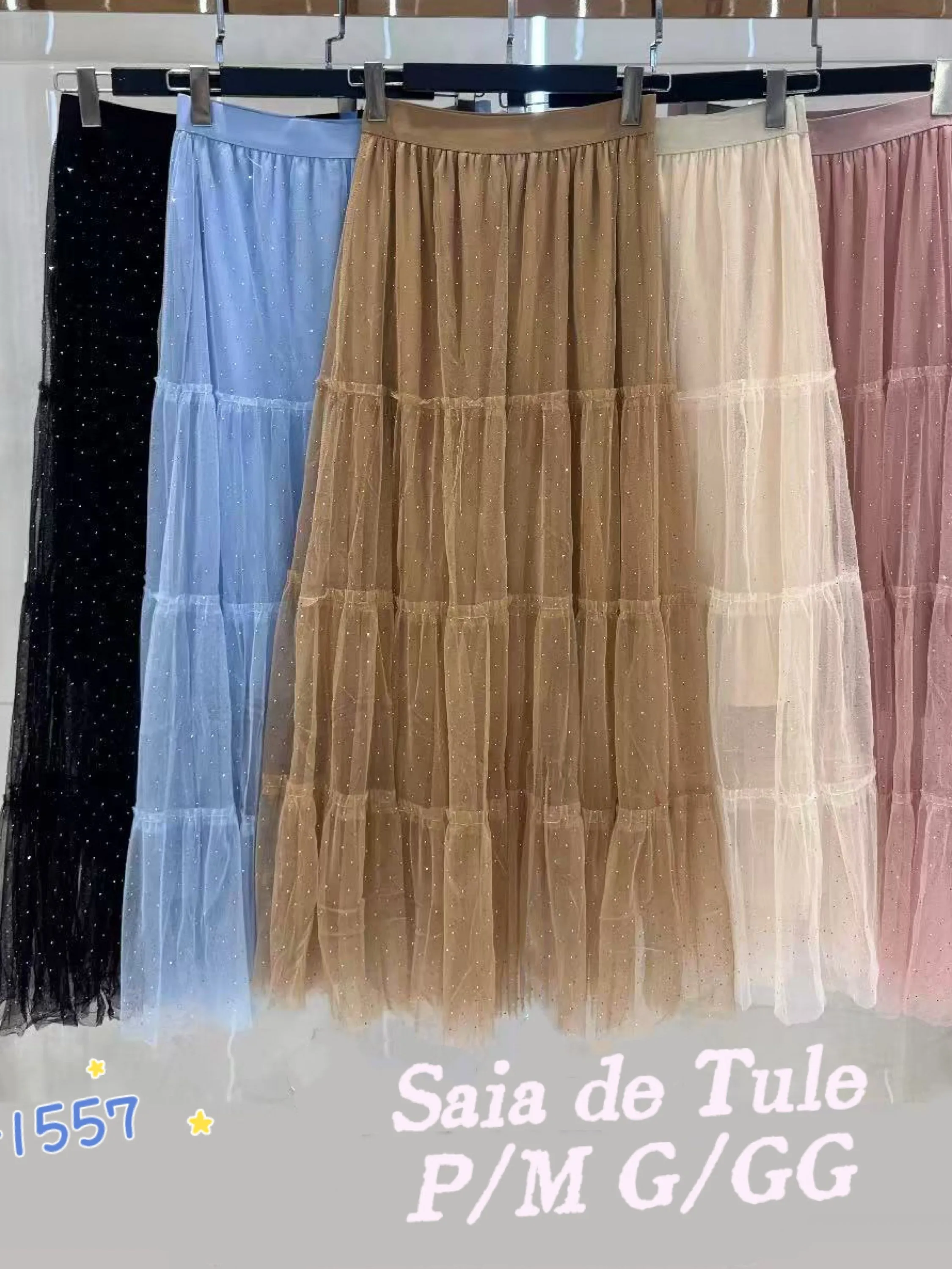 Saia mídi de tule importado Flora 1557