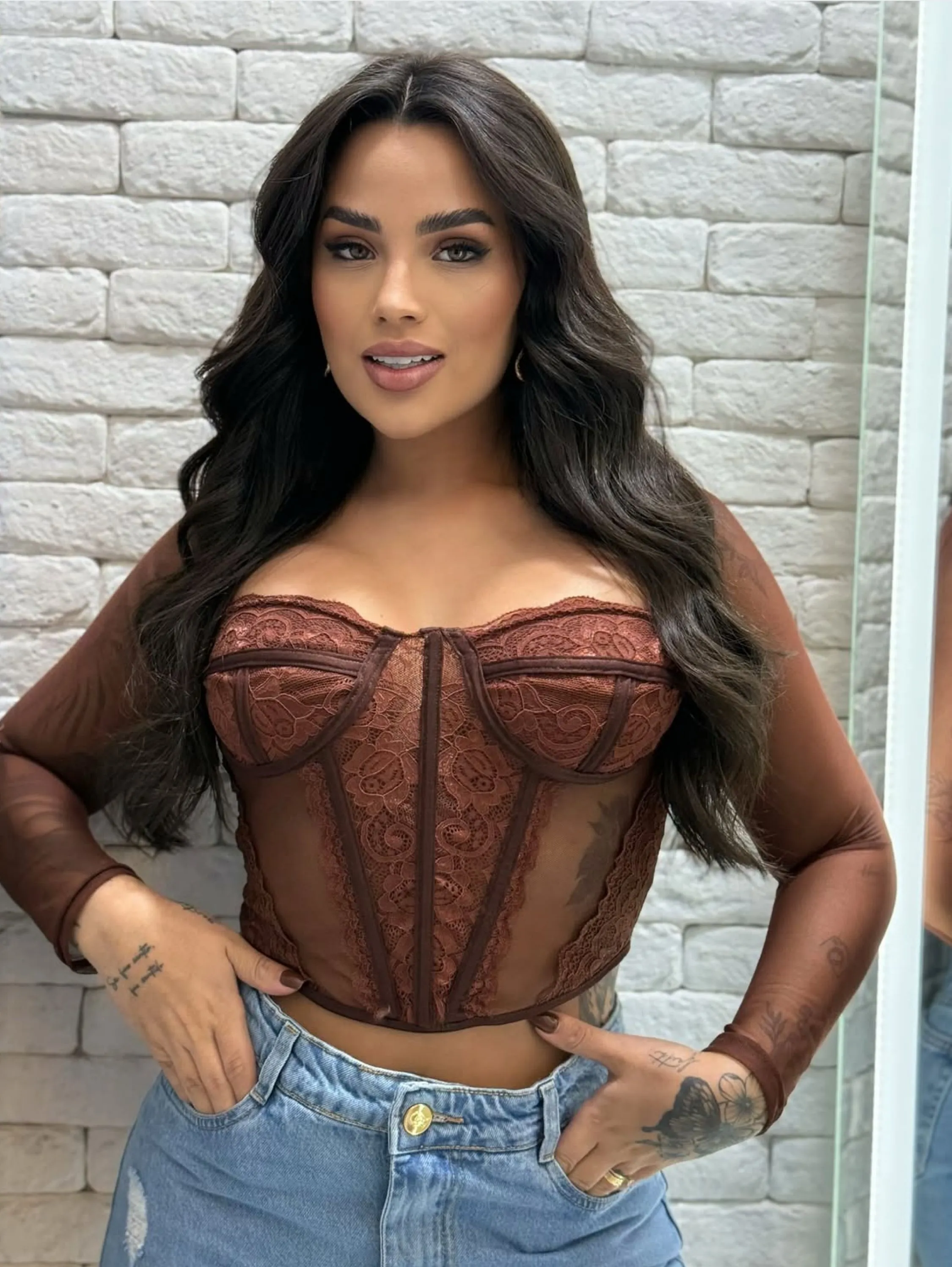 Blusa Feminina Cropped Corselet Manga Longa Renda Tule