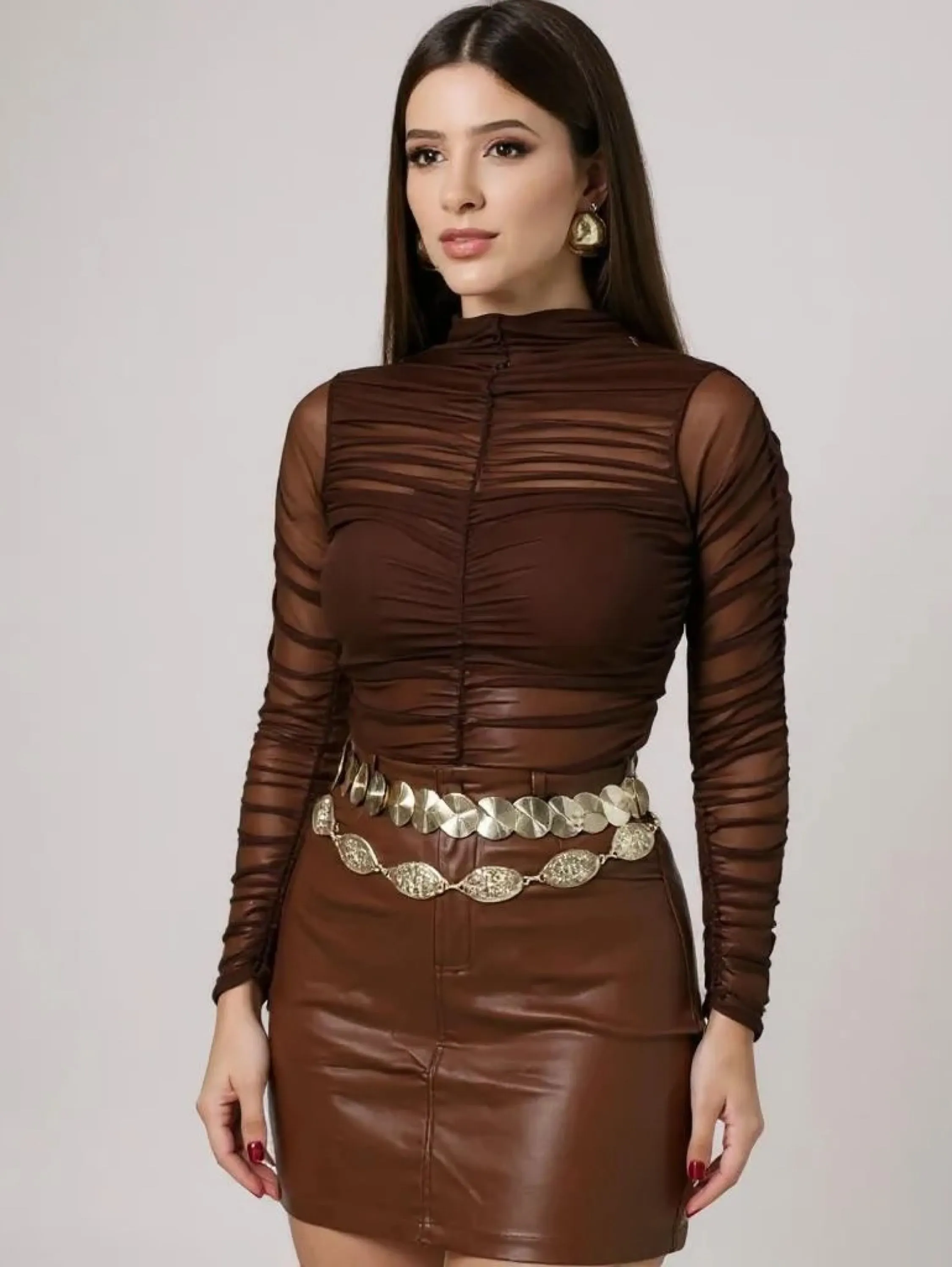 Conjunto Feminino Body Franzido Tule Saia Curta Couro Fake
