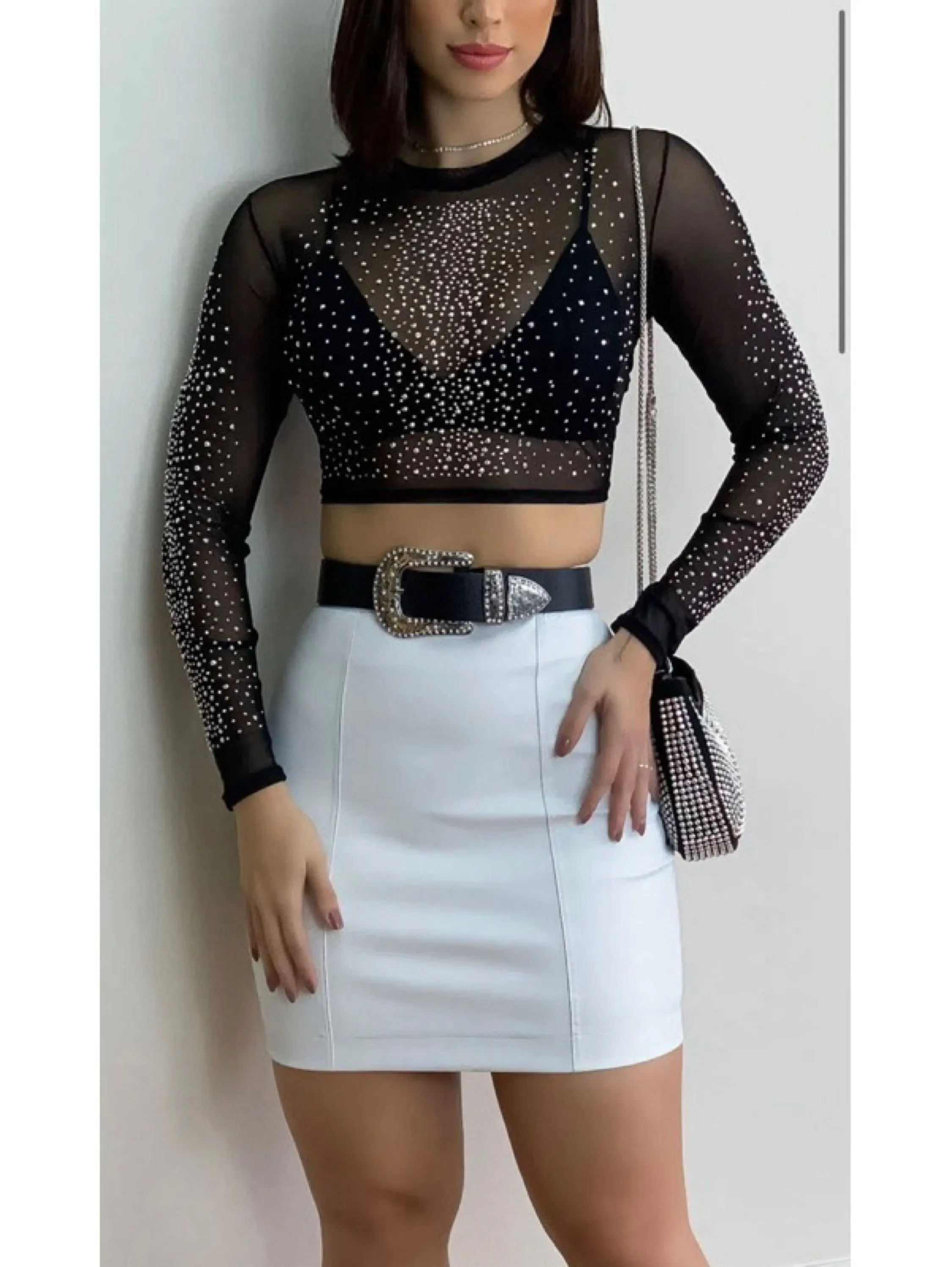 Cropped Tule Manga Longa Com Brilho Festa Tendência Novidade Moda Balada Noite Pedraria