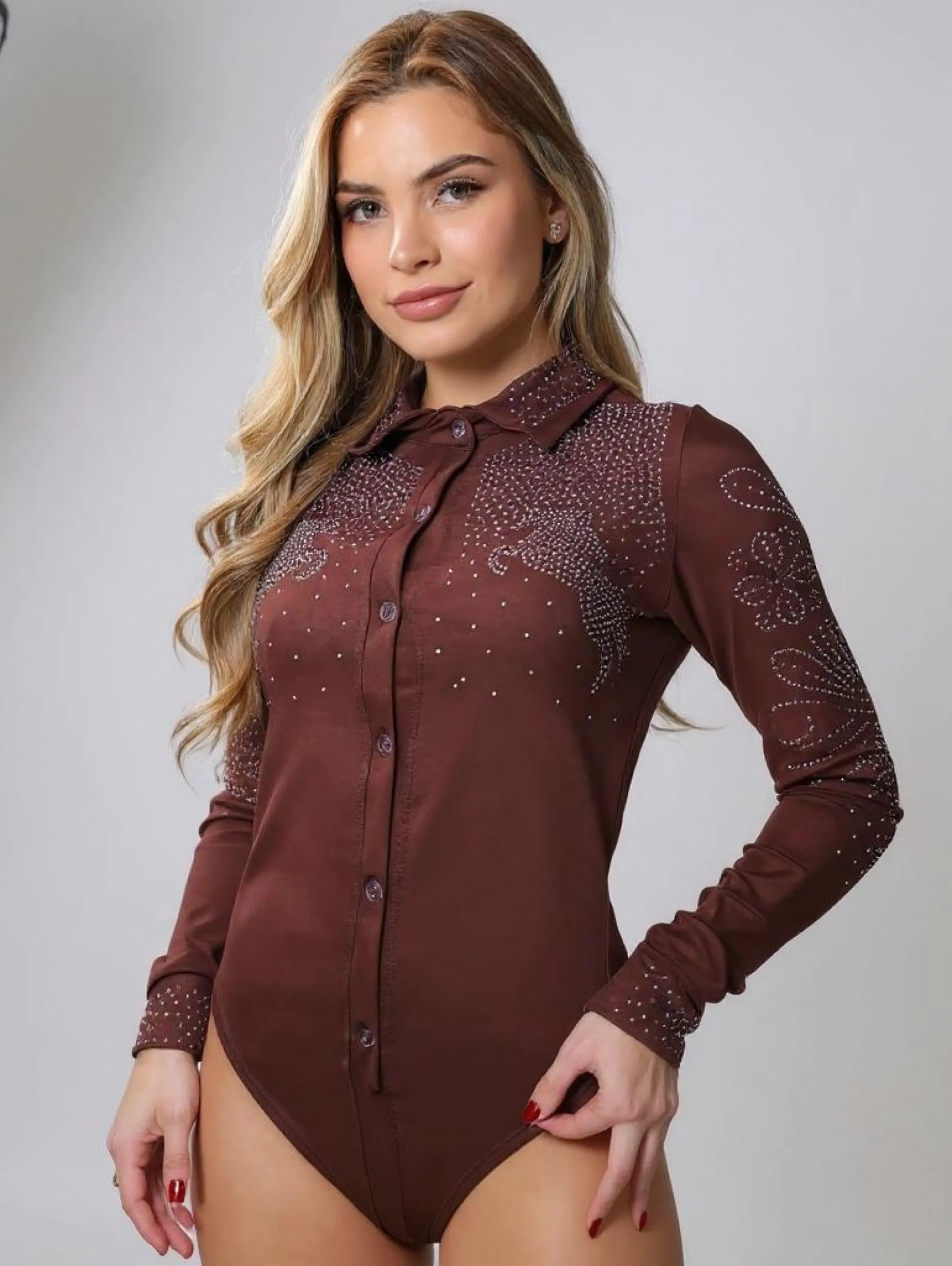 Body Feminino Manga Longa Marrom Boiadeira Country Brilho