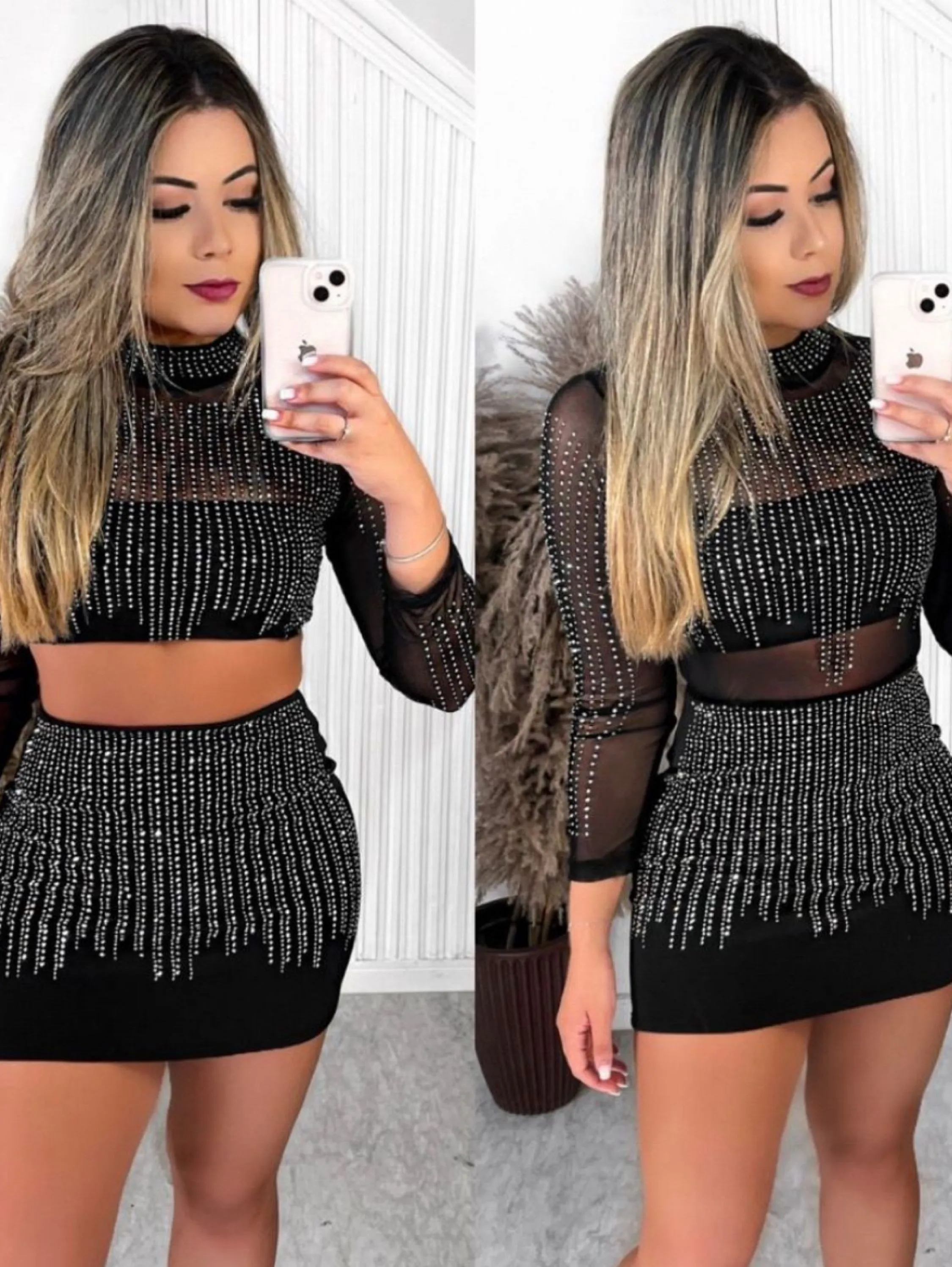 Conjunto Cropped Manga Longa Tule e Saia Curta Pedraria Brilho Aplicações Noite Festa Balada