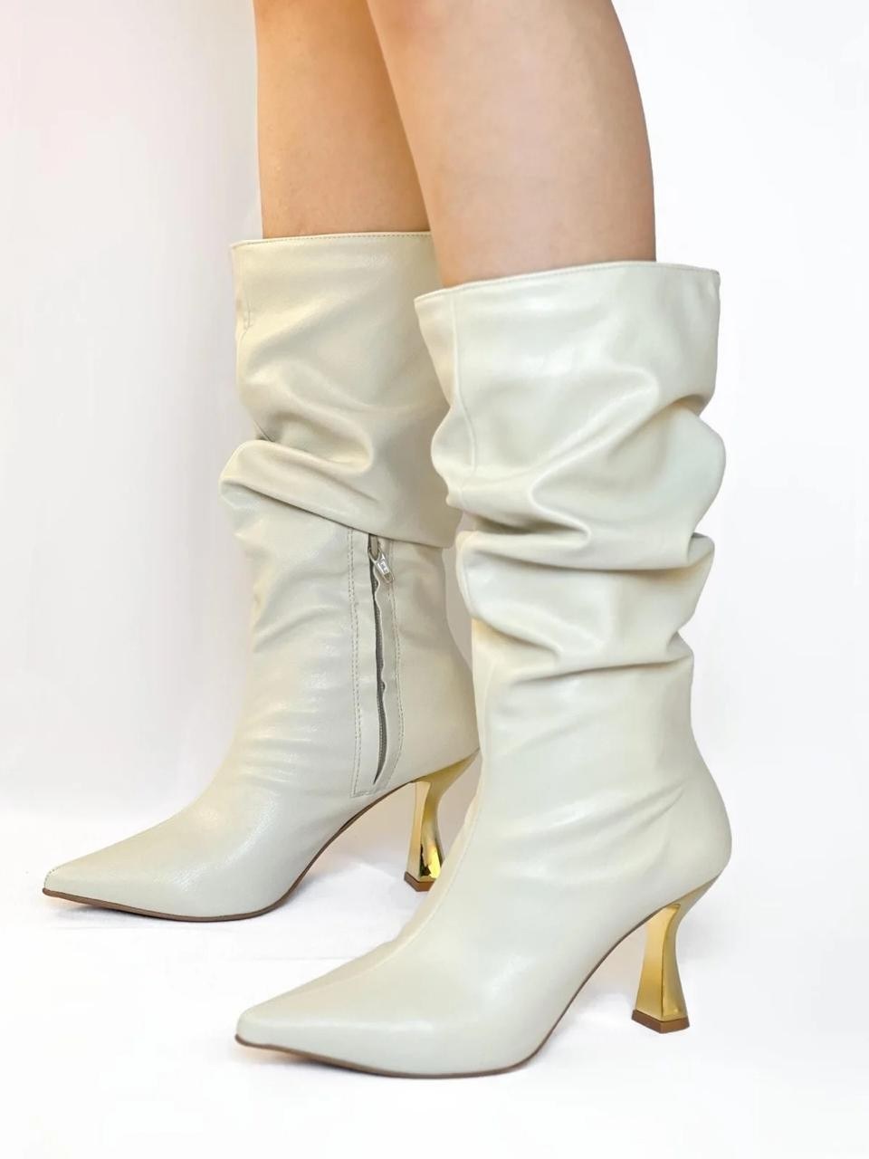 Bota Cano Médio Drapeada Salto Taça Cromado 891C6013