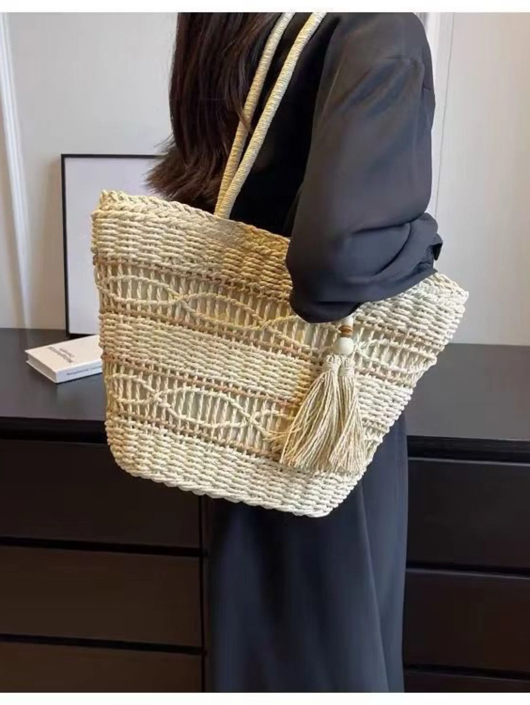 Bolsa de palha com borla, bolsa de praia e ombro HX01-31
