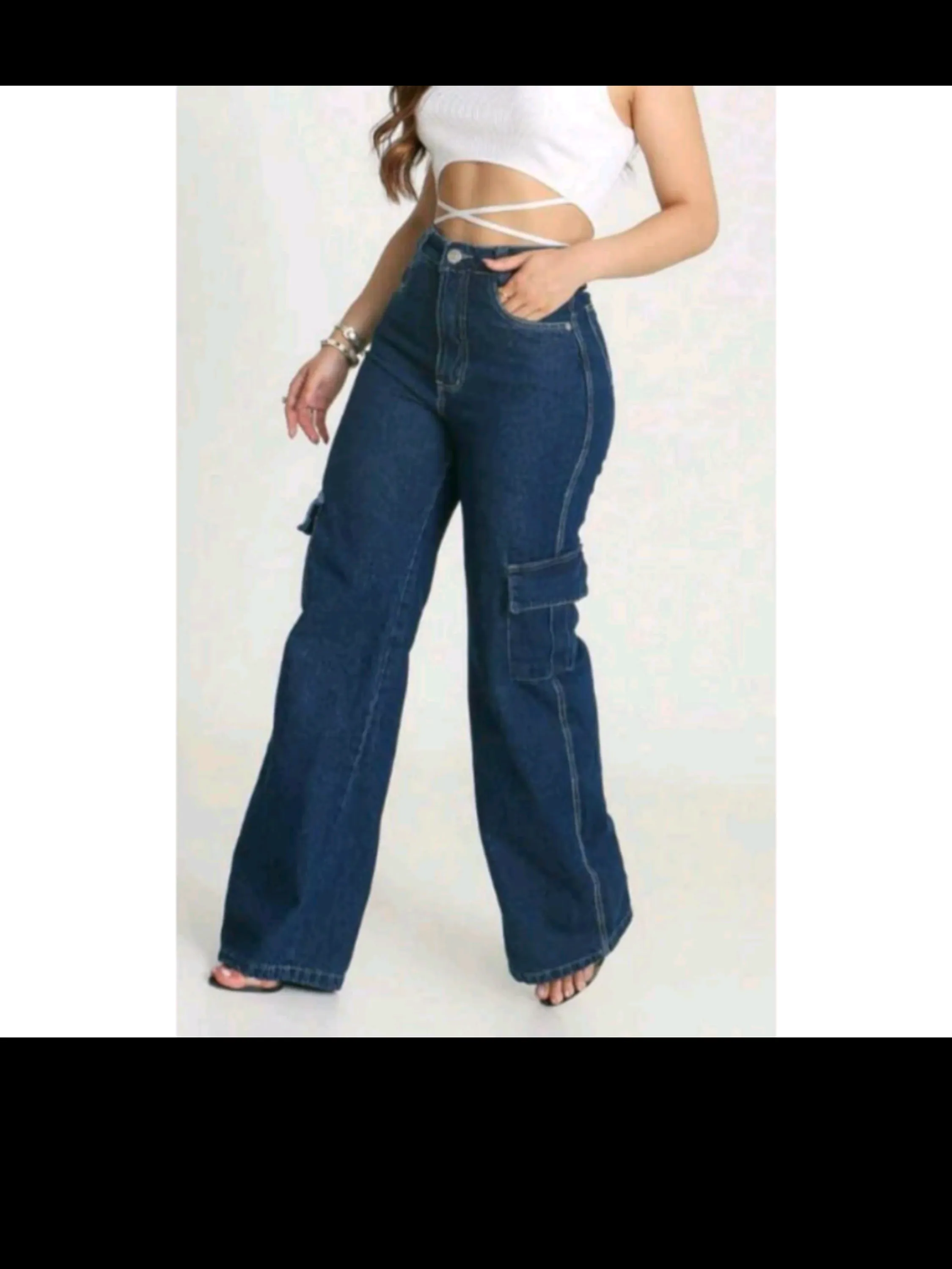 Calça jeans fem wide leg cargo