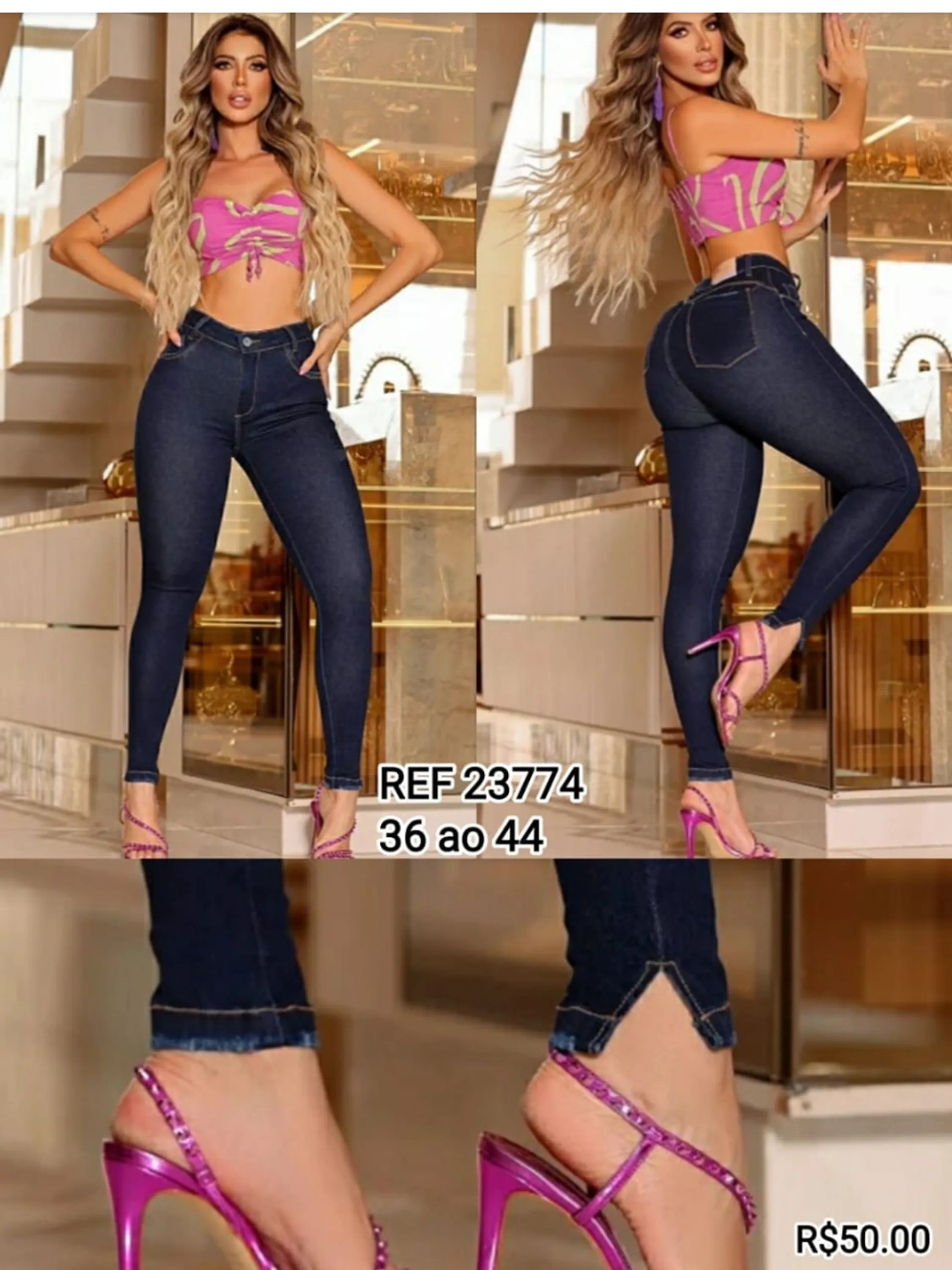 Calça jeans fem skiny abertura na lateral