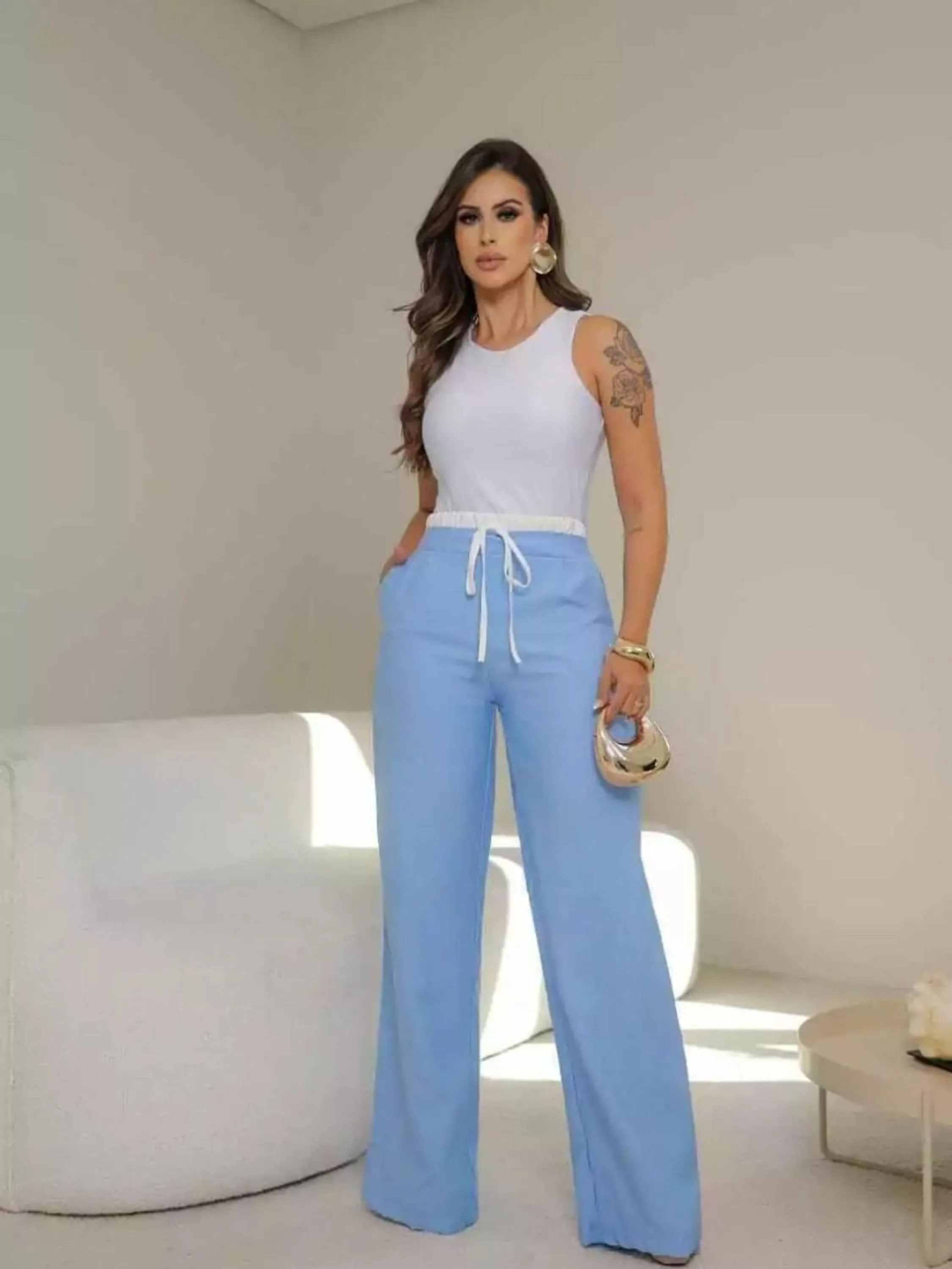 Calça pantalona cós duplo