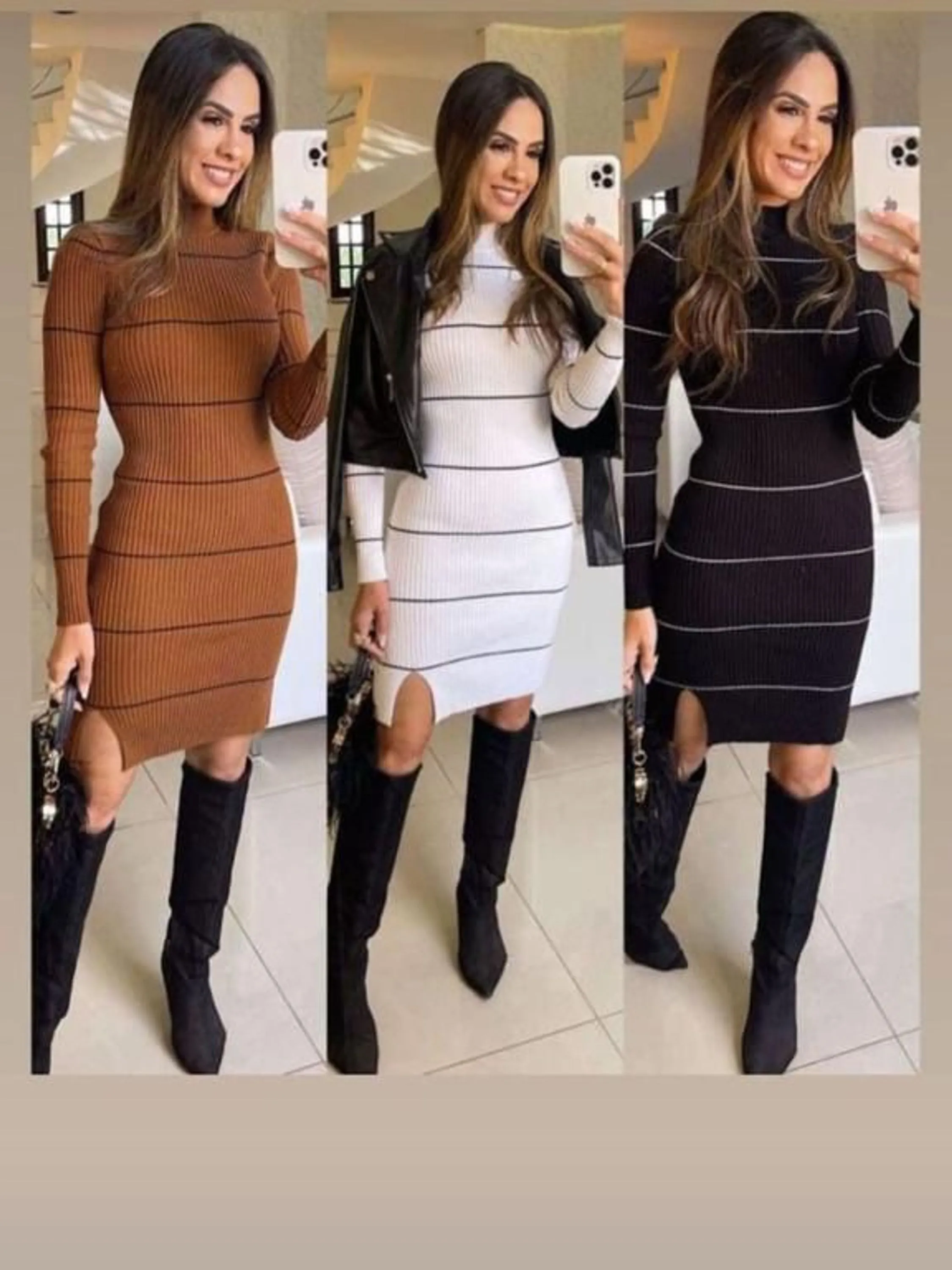 Reposição vestido modal listrado com fenda lateral