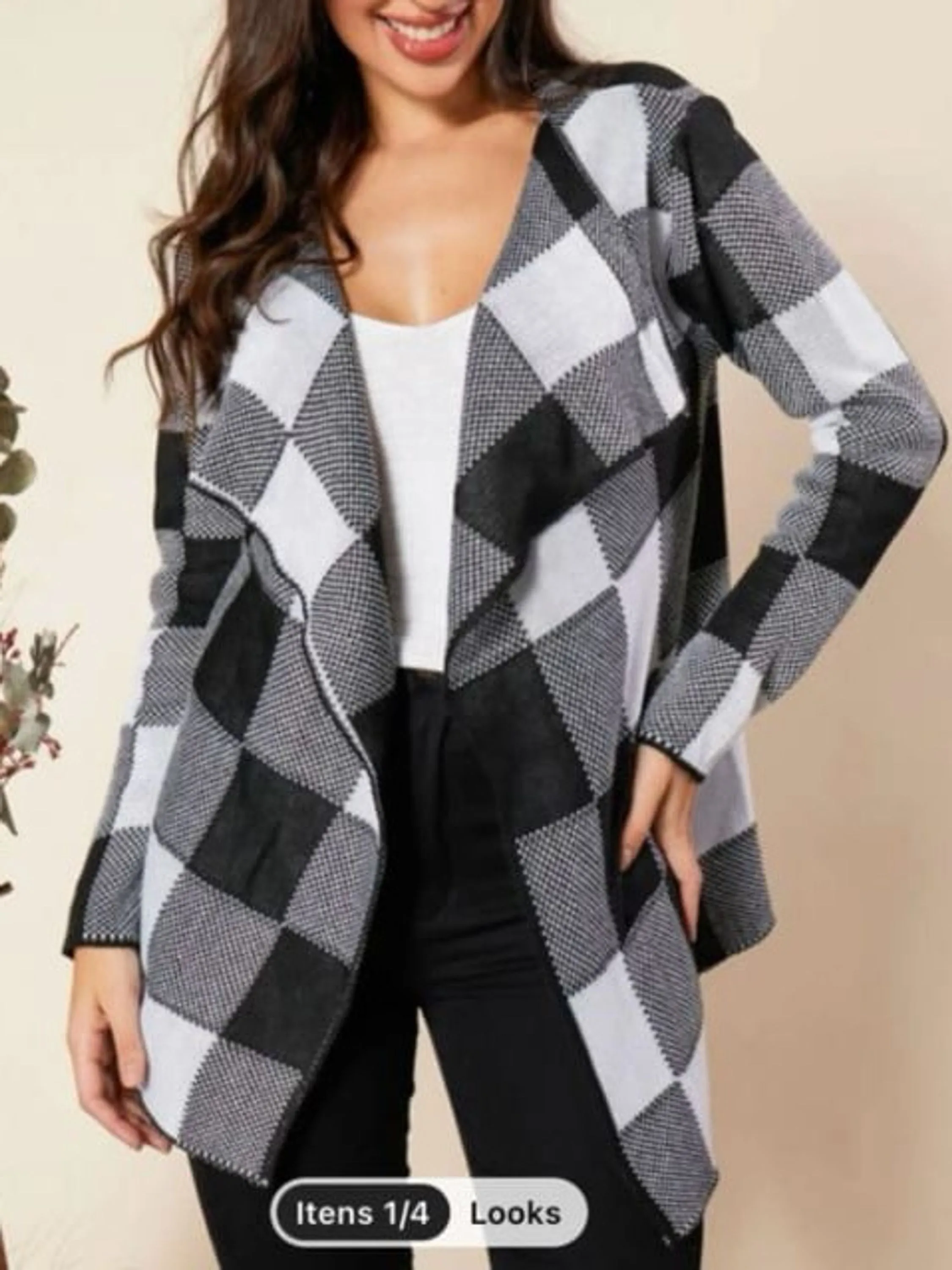 Reposição cardigan xadrez modal