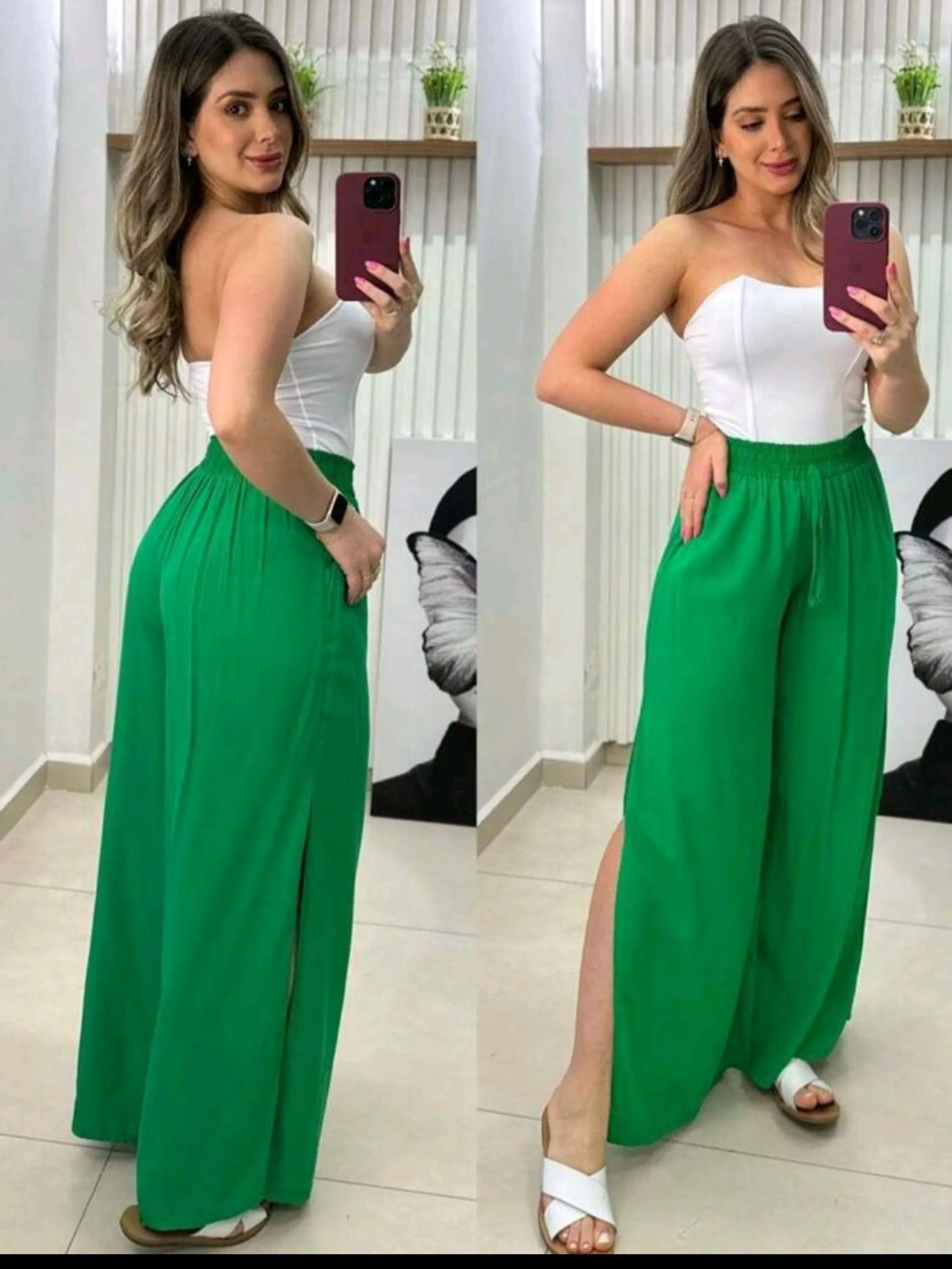 Calça pantalona com fenda viscolinho