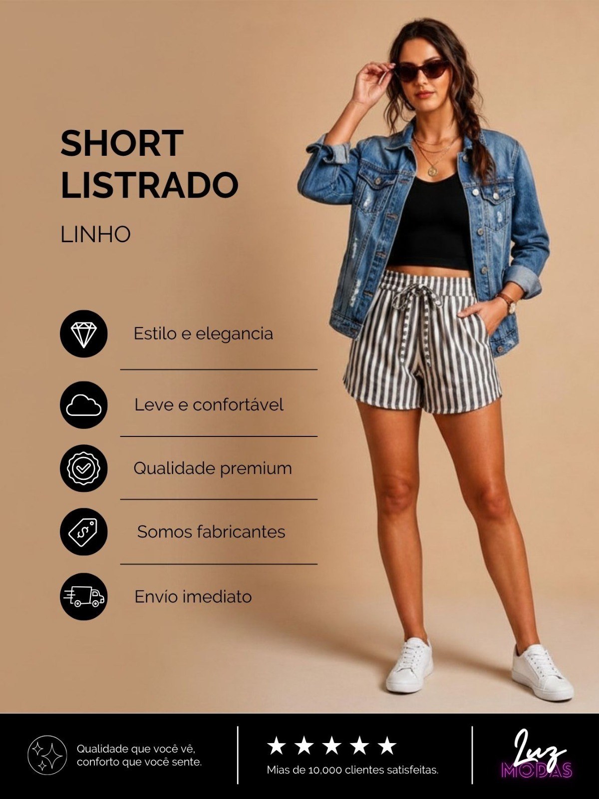 Short Feminino Listrado Linho Verão Ferias
