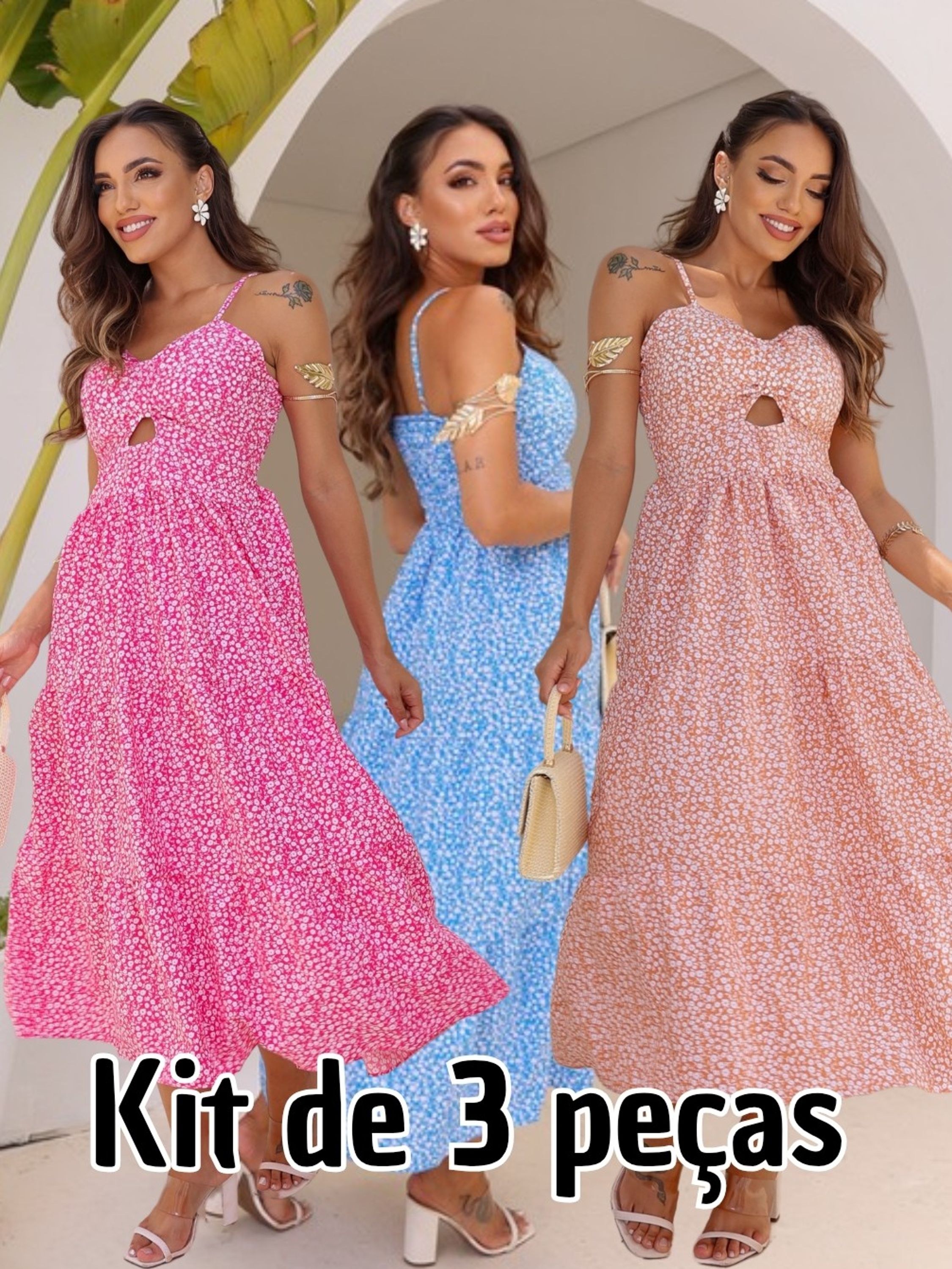 Kit 3 Vestidos Midi de Alça Estampados Lisos