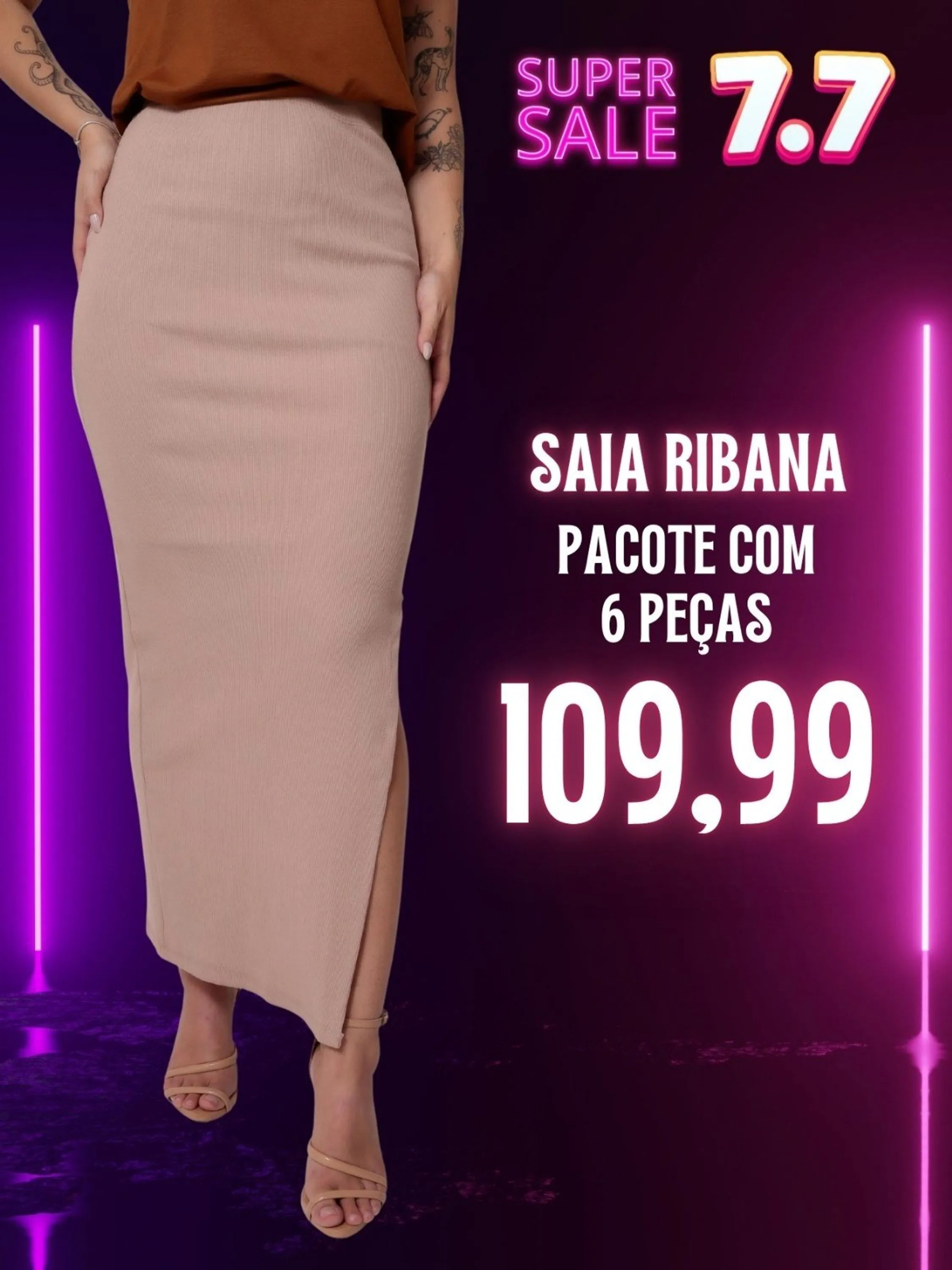 Kit 6 Saias Midi em Ribana com Fenda Elastano