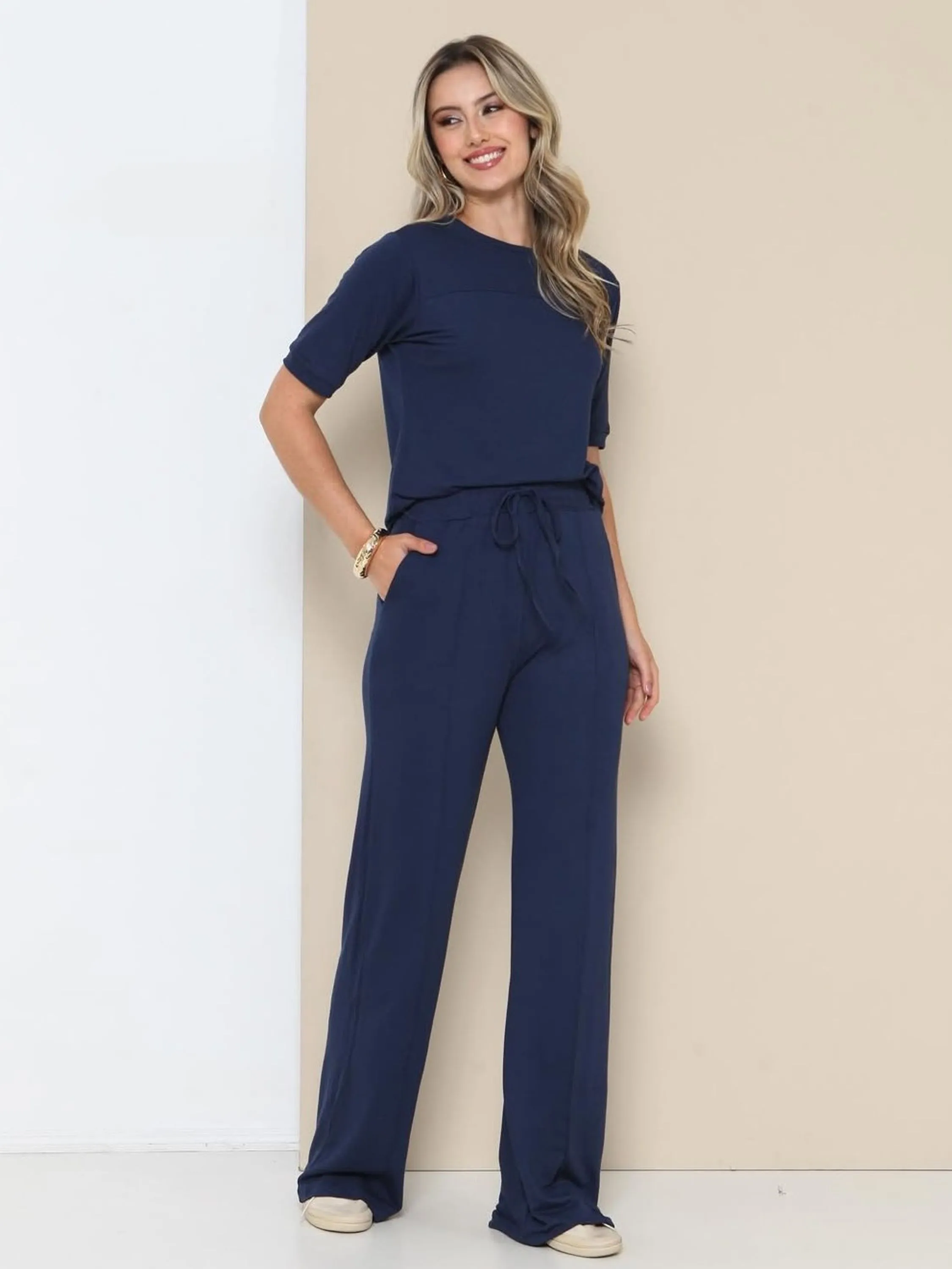 Conjunto Feminino Blusa e Calça em moletinho elastano