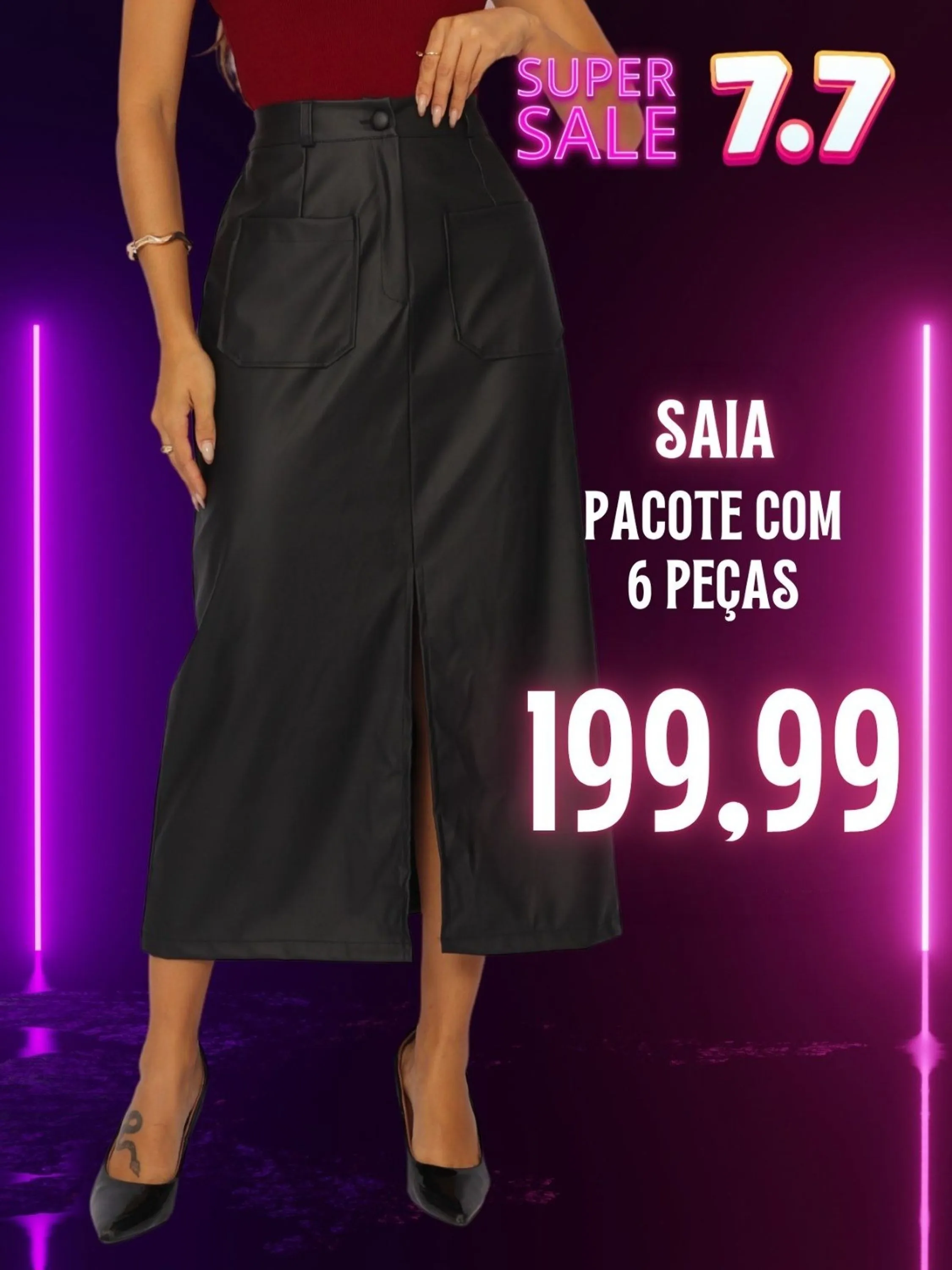 Kit 6 Saias Midi evangelica couro fake com bolso