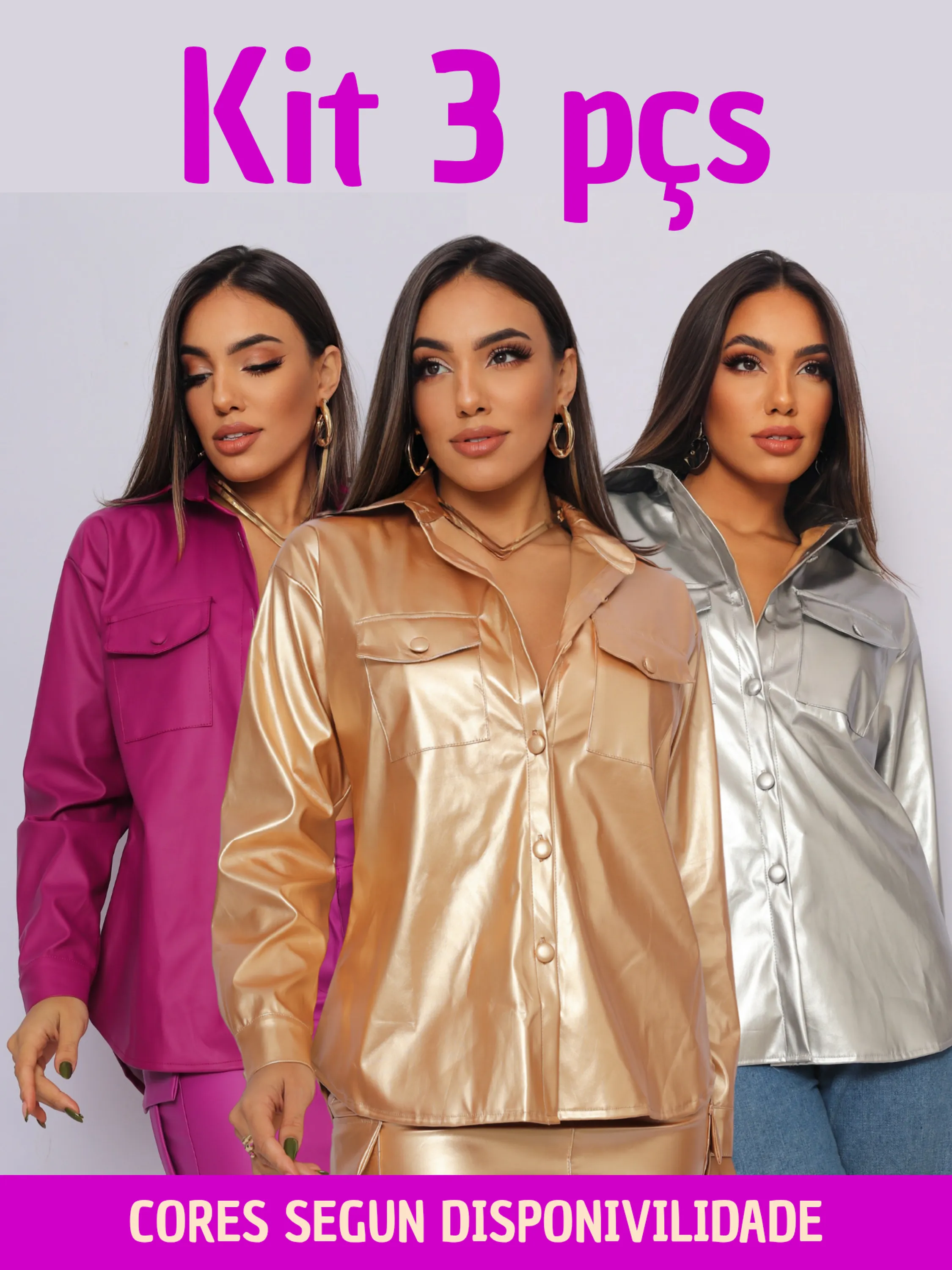 Kit 3 camisas femininas em courino couro fake
