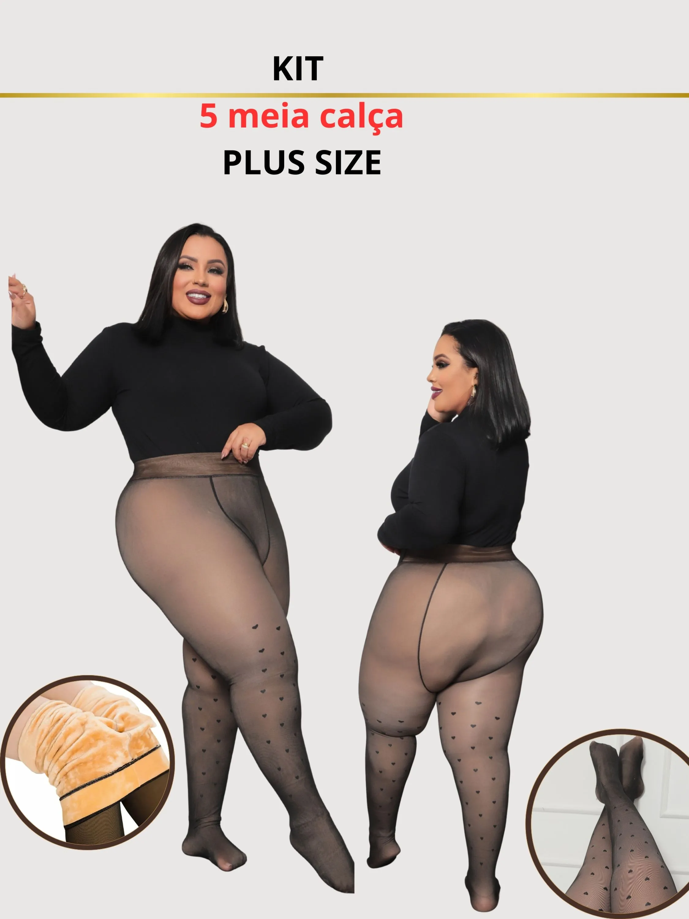 Kit 5 Meias-Calças Plus Size Love Peluciadas Femininas Grossas