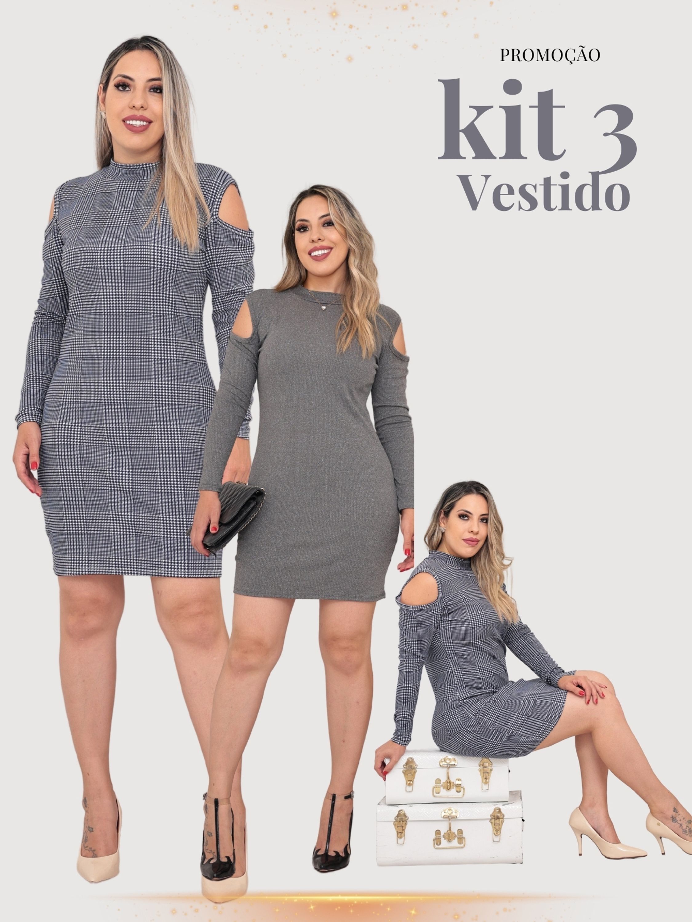 Kit 3 Vestidos Femininos Plus Size Luxuosos com Ombro Super Vazado