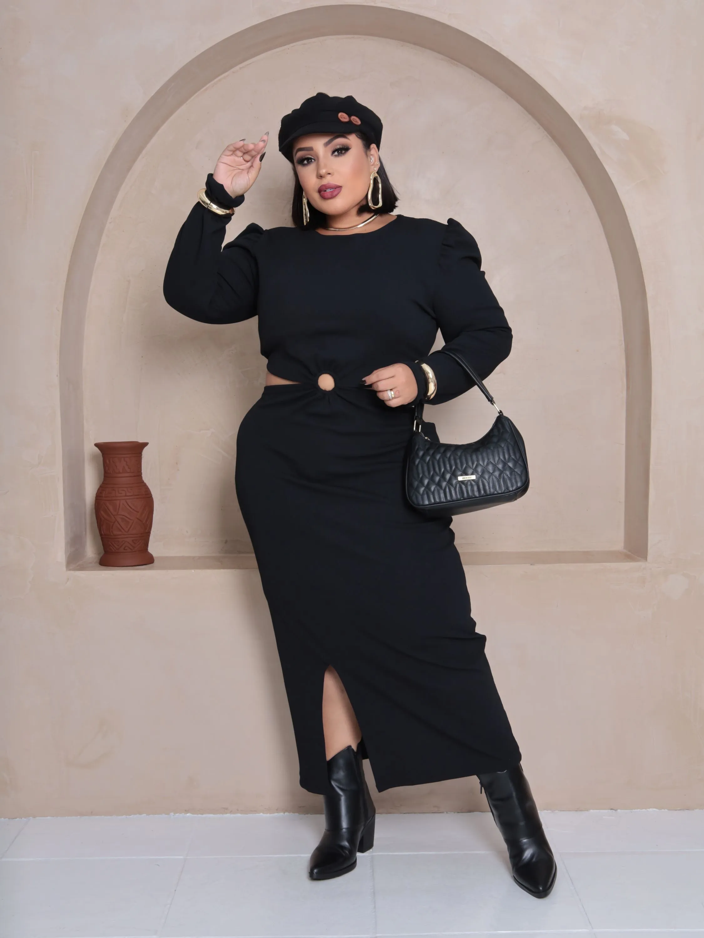 Vestido feminino manga longa outono manga princesa plus size