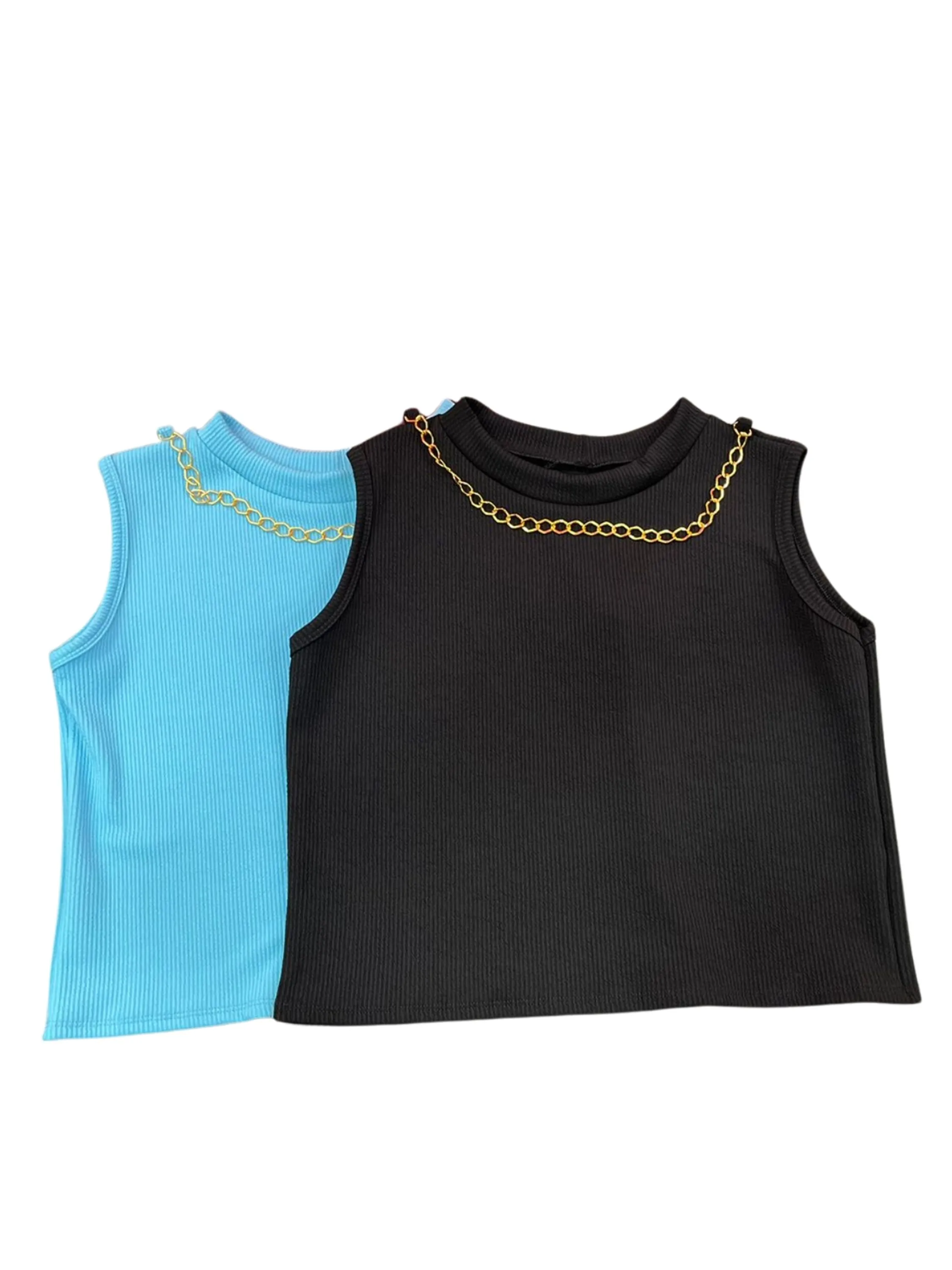 Kit 2 blusas plus size feminina luxo, corrente banhada, cropped reforçado compre mais por menos, preto e azul