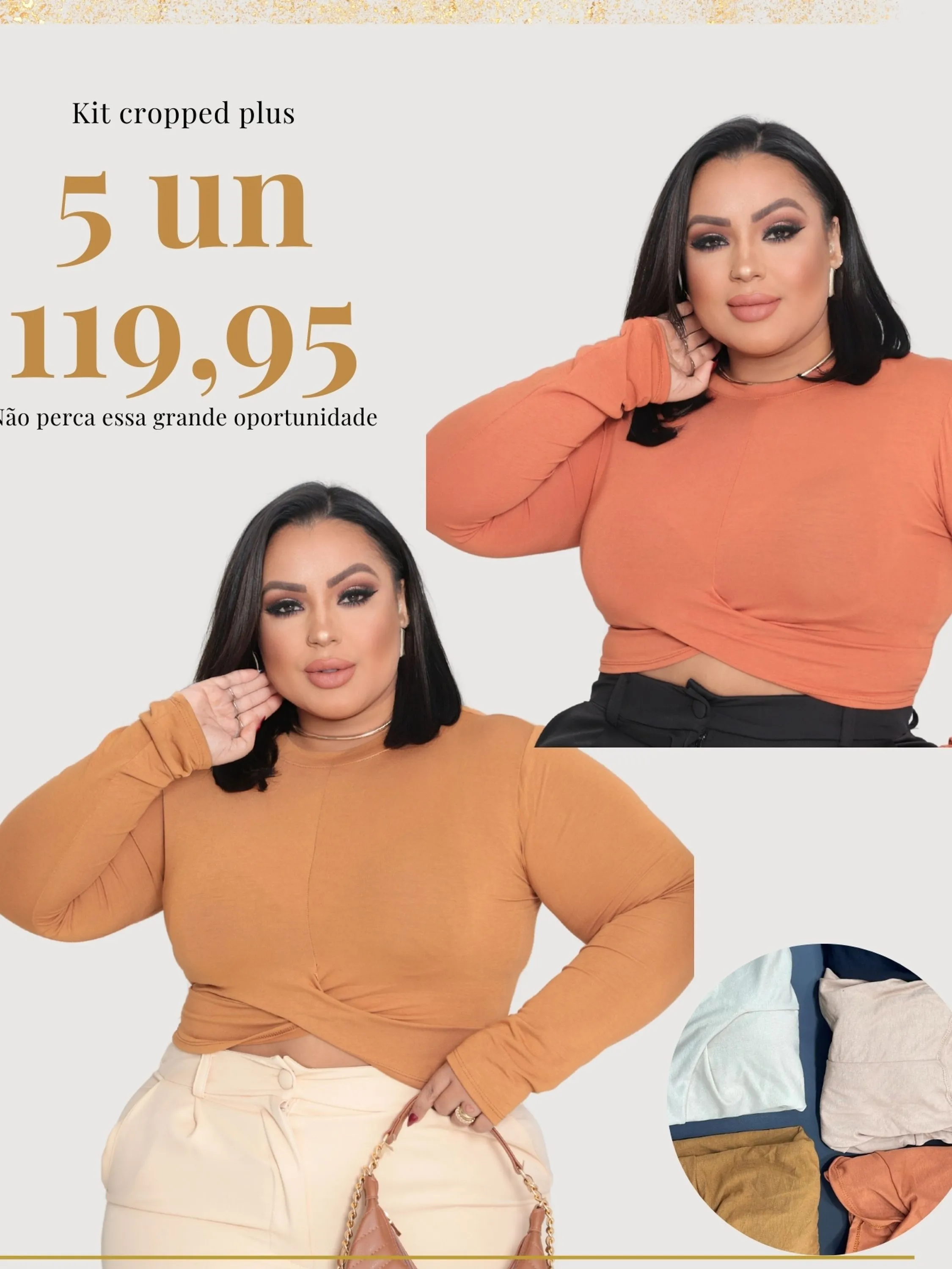 kit  5 cropped plus size elegante reforçado manga longa