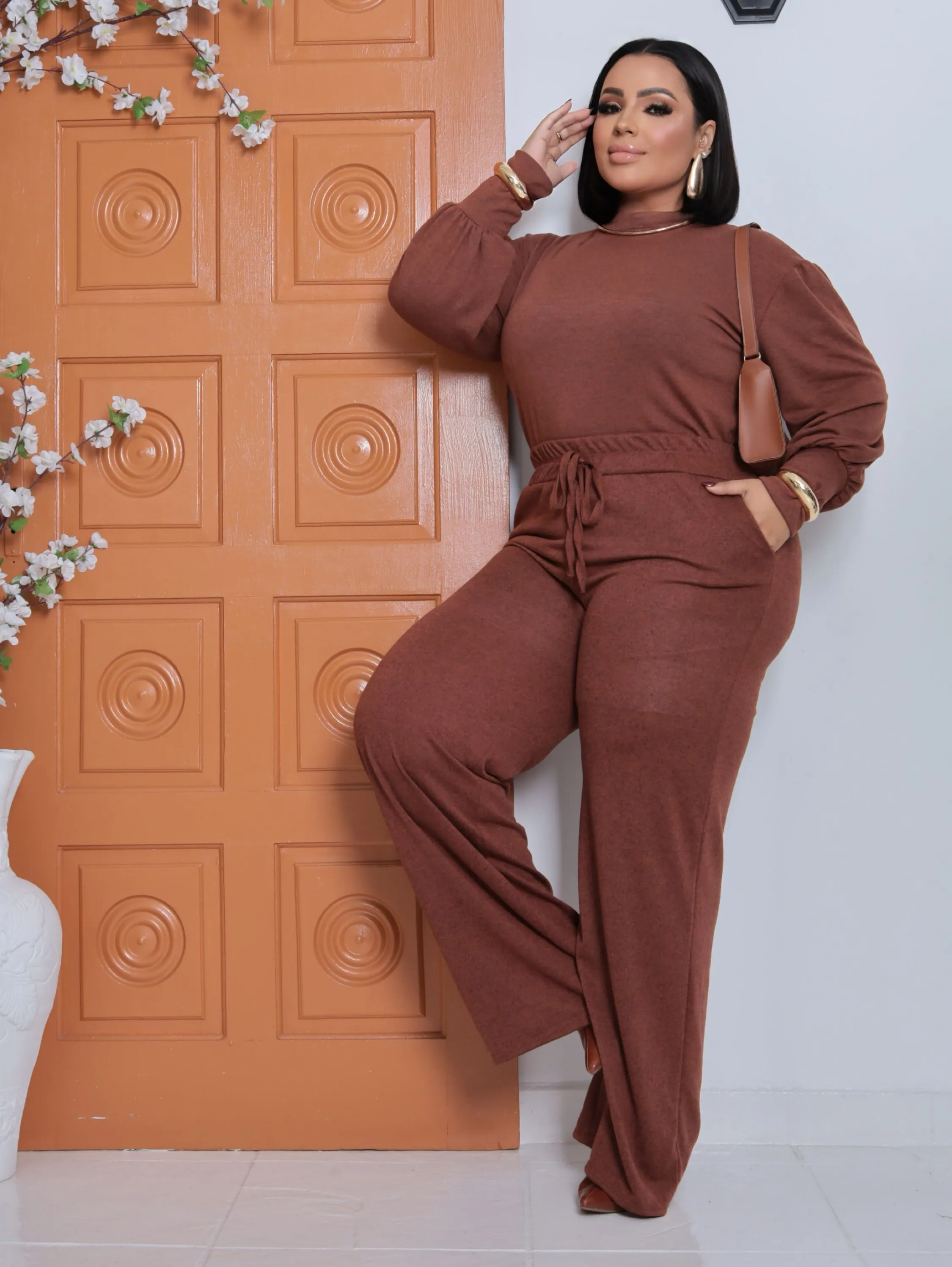 Conjunto Plus Size Forrado  Calça Pantalona com Bolso