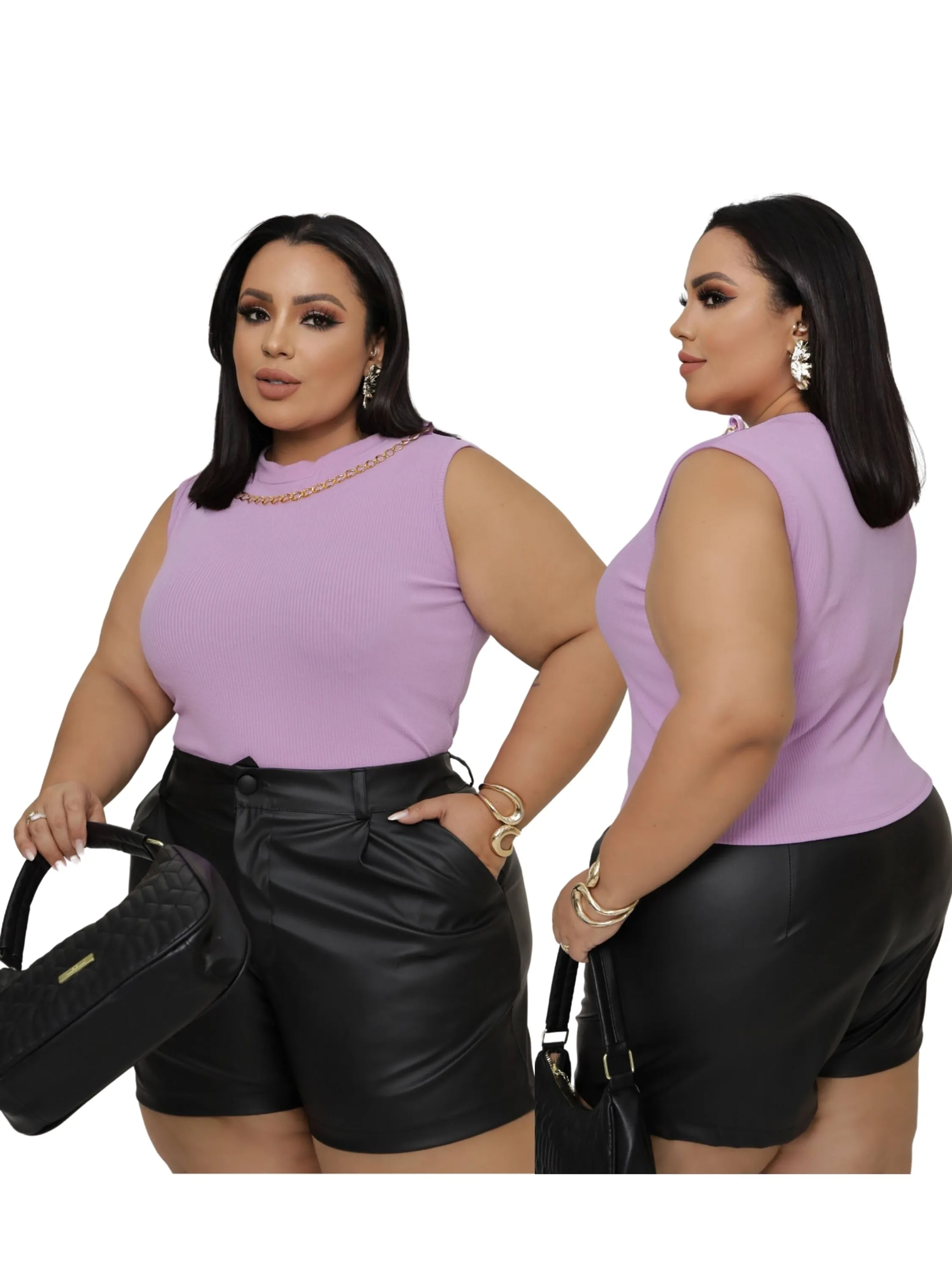 Conjunto feminino plus size short couro e blusa com colar, elegante mais vendido brind um cinto