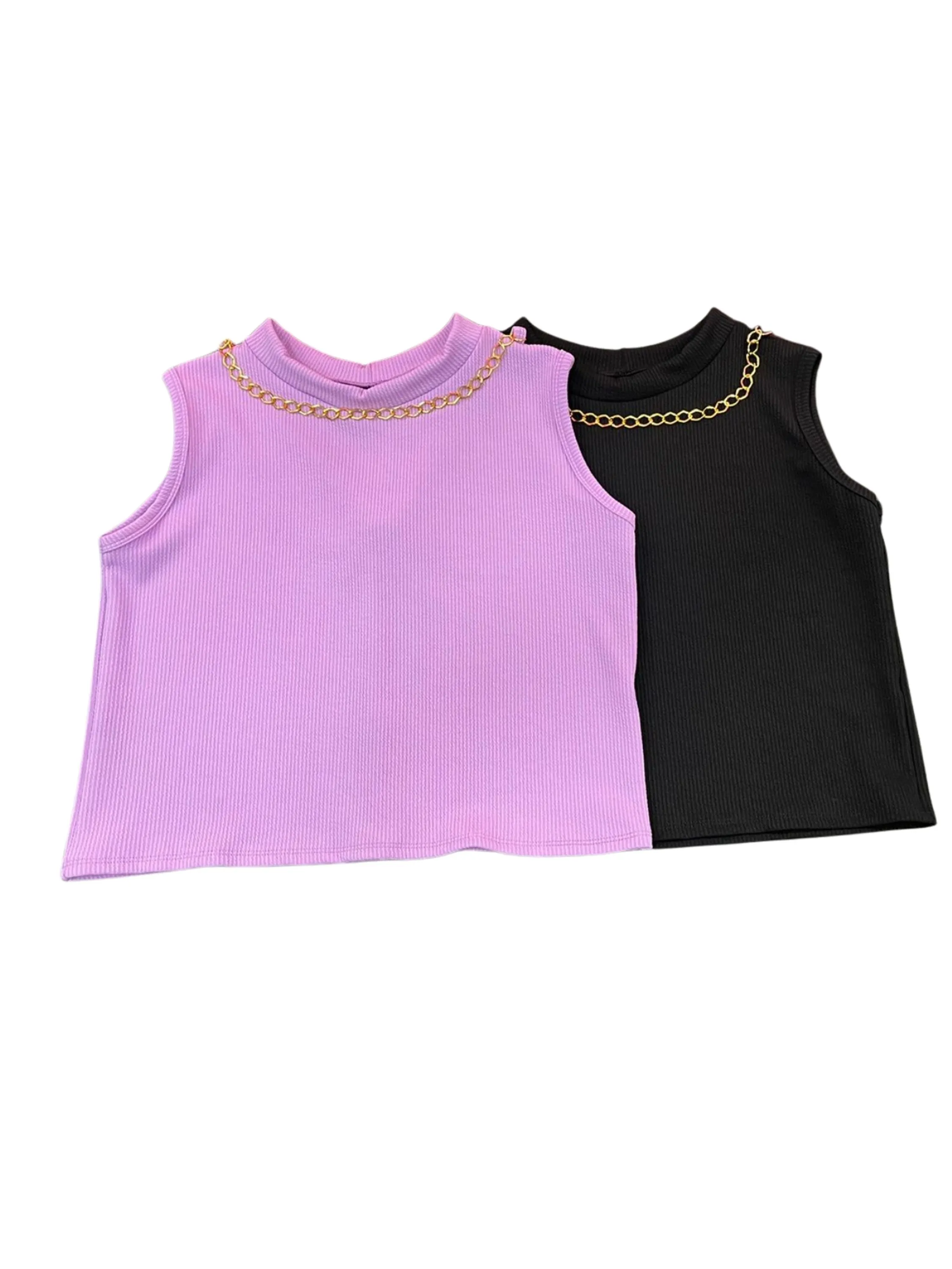 Kit 2 blusas plus size feminina luxo, corrente banhada, cropped reforçado compre mais por menos, preto e lavanda