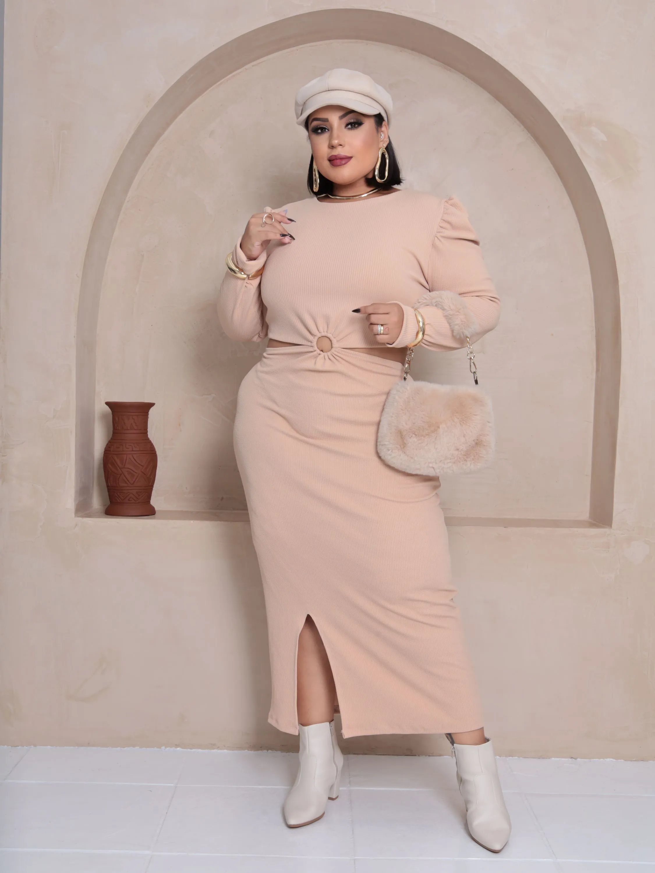 Vestido feminino manga longa outono inverno luxuoso NUDE