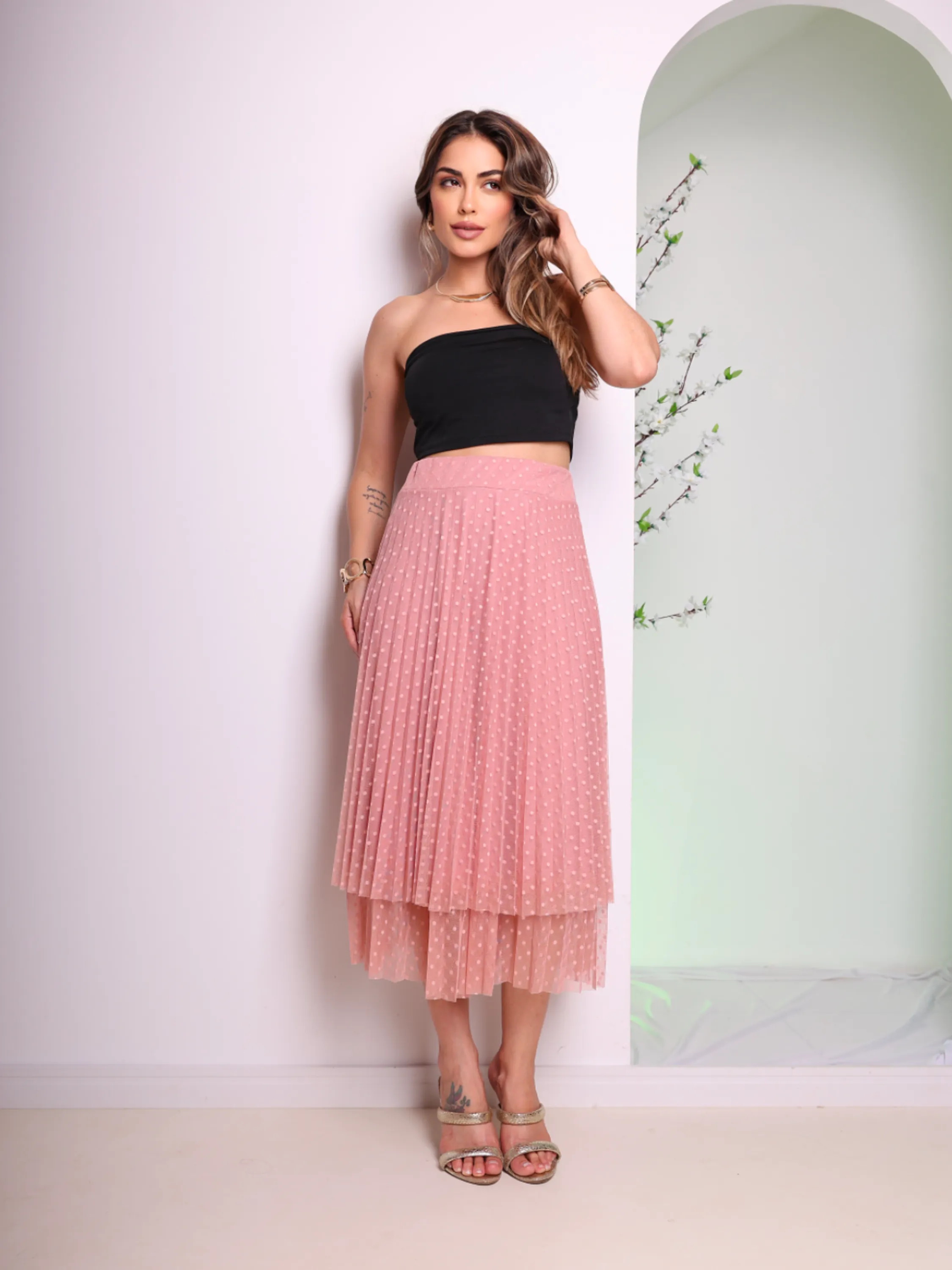 saia tule plissada tem 2 camadas moda feminina pink girl