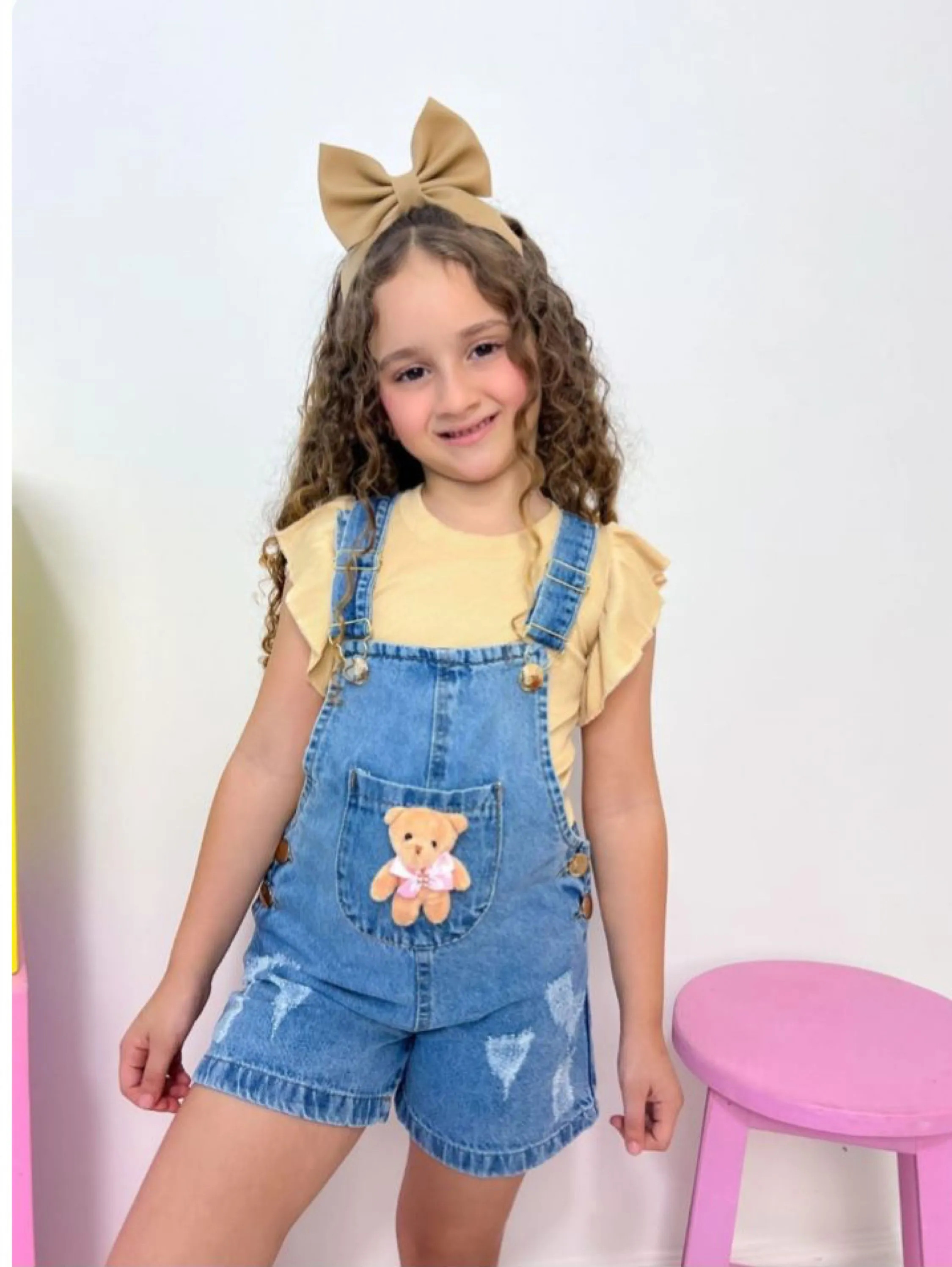 Jardineira jeans infantil ursinho