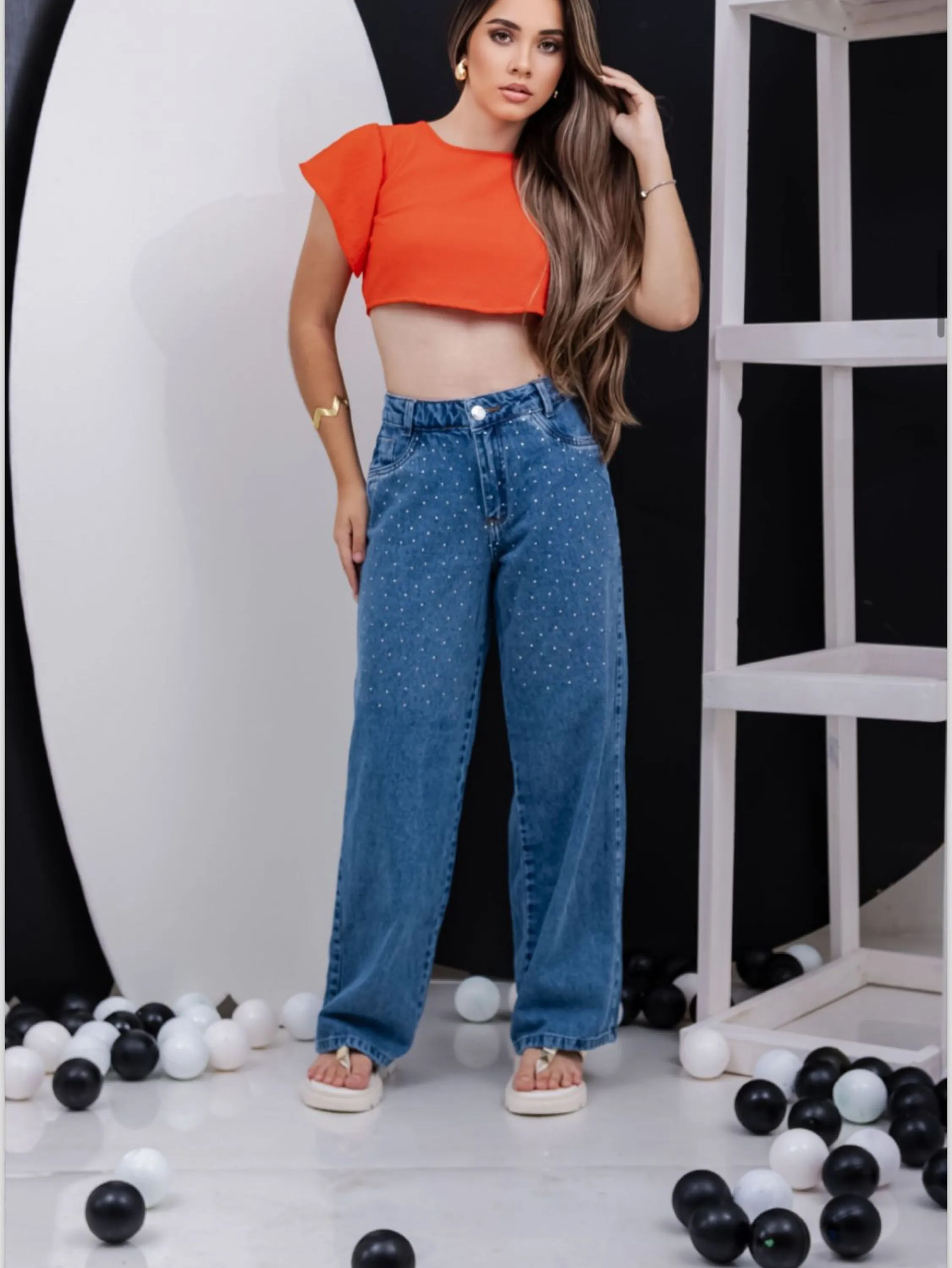 Calça jeans wide leg juvenil com brilho