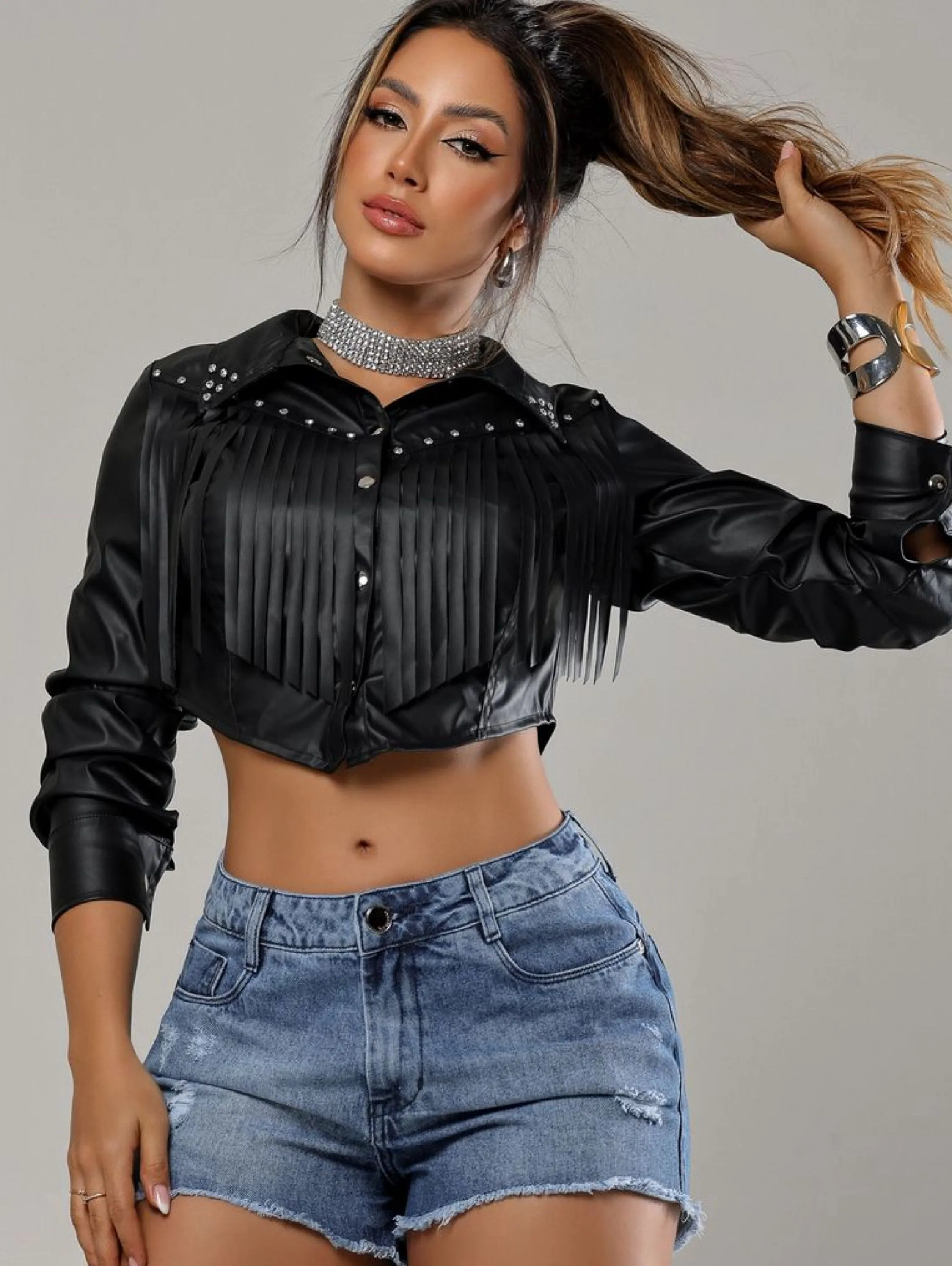 Camisa Cropped Couro Franja (Coleção Country) Cod030