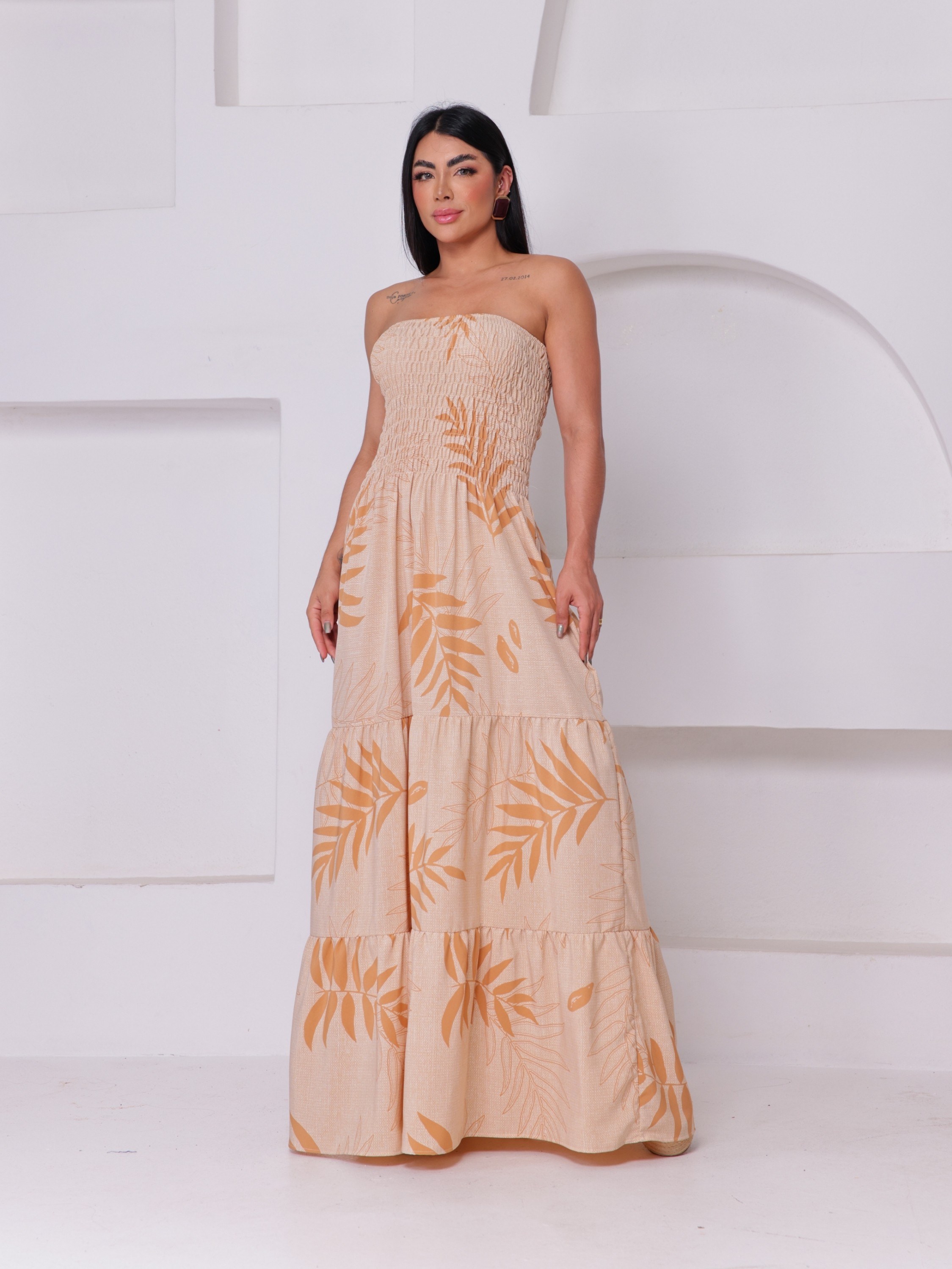 Vestido Feminino Longo Lastex Tomara Que Caia Folha