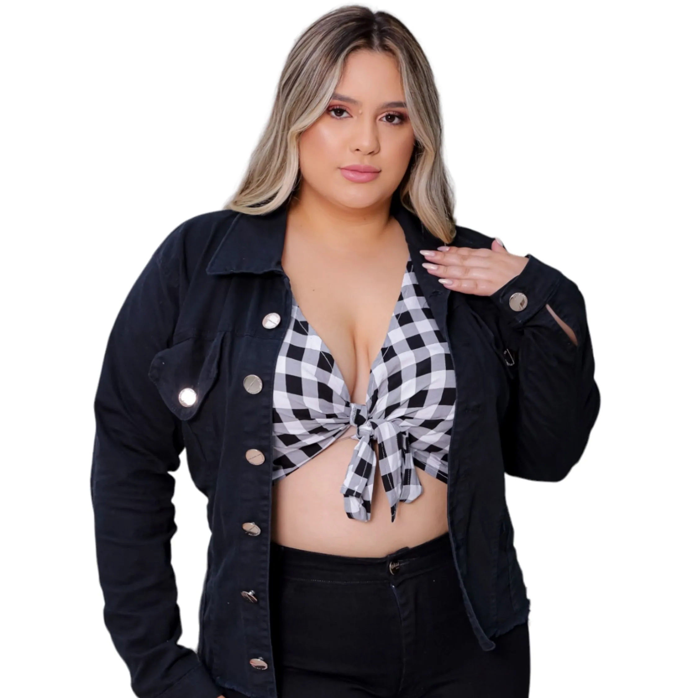 Jaqueta Sarja Plus Size Feminina Preta com Lycra G1 G2 G3 G4